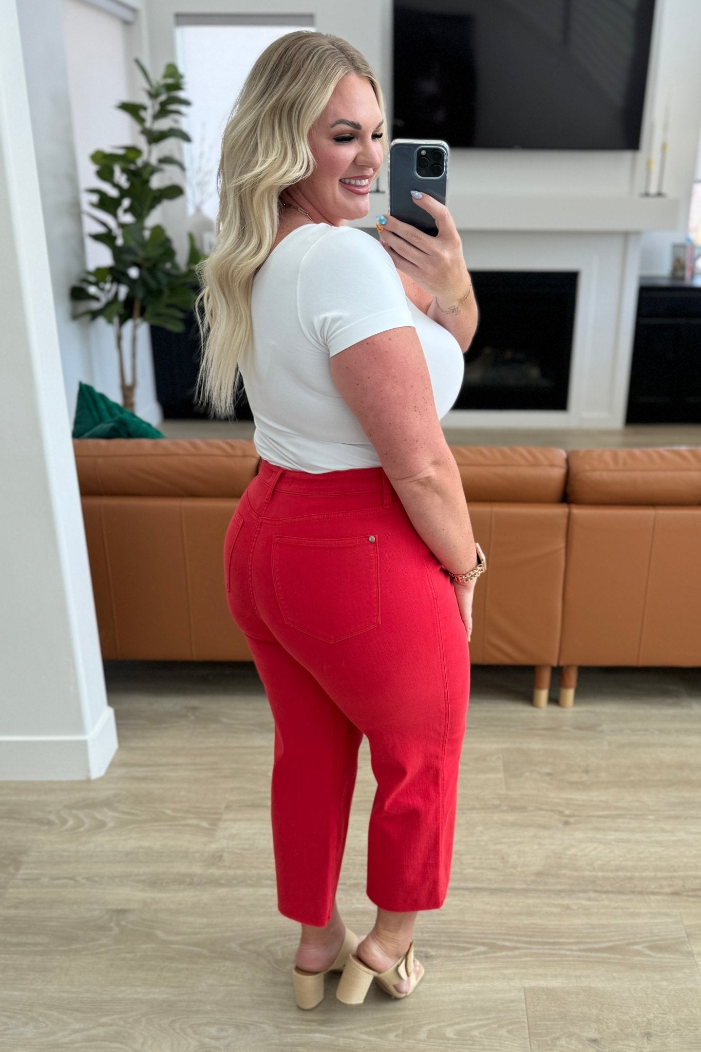 Lisa High Rise Control Top Wide Leg Crop Jeans in Red - Loving God