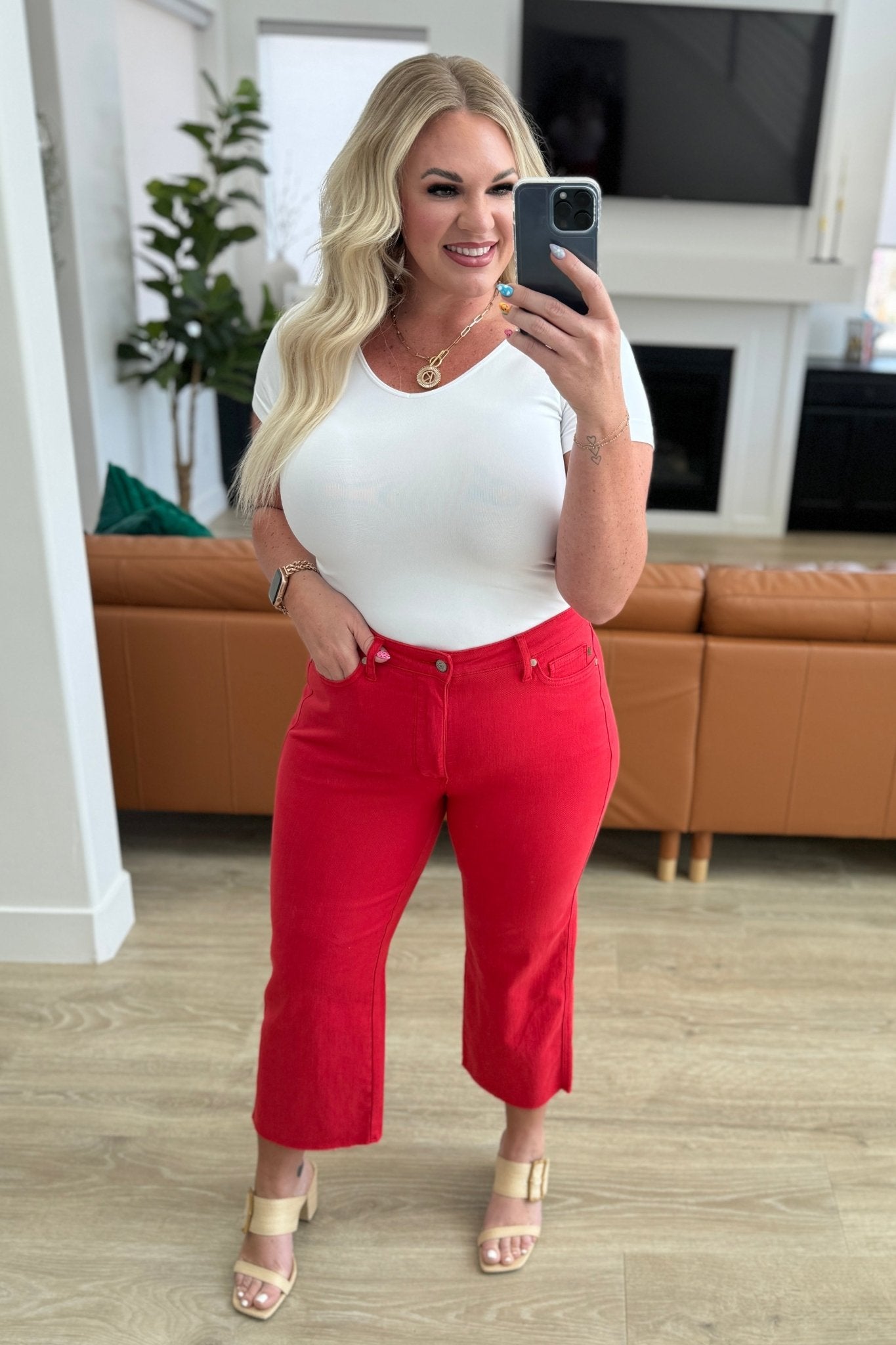 Lisa High Rise Control Top Wide Leg Crop Jeans in Red - Loving God