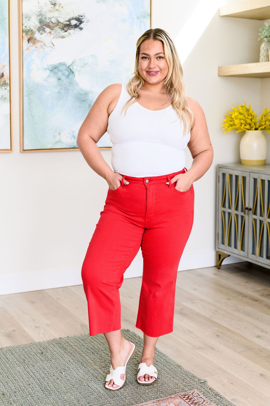 Lisa High Rise Control Top Wide Leg Crop Jeans in Red - Loving God