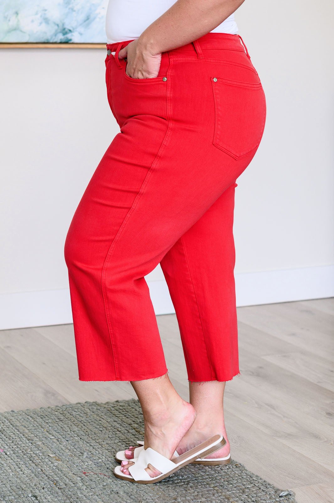 Lisa High Rise Control Top Wide Leg Crop Jeans in Red - Loving God