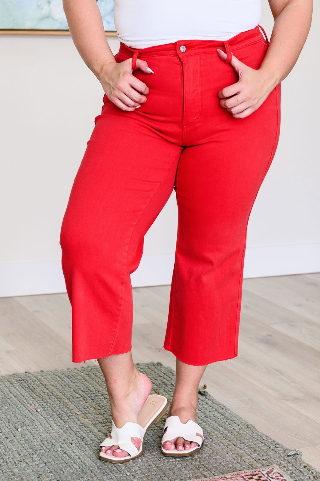 Lisa High Rise Control Top Wide Leg Crop Jeans in Red - Loving God