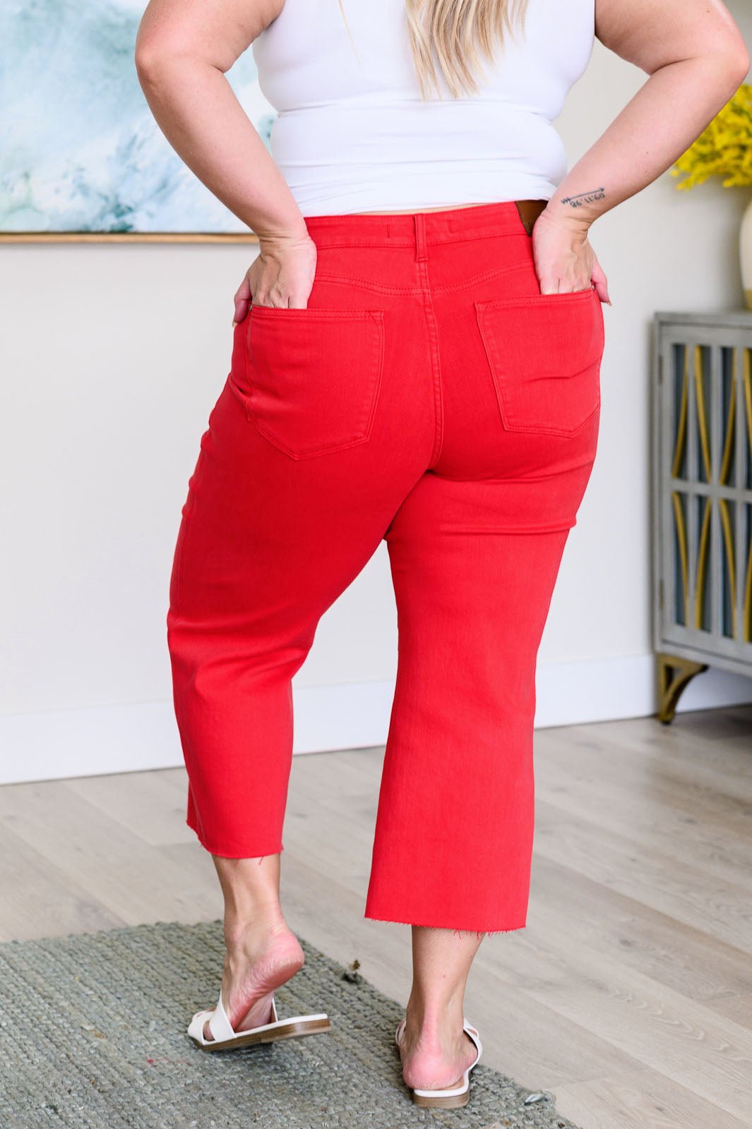 Lisa High Rise Control Top Wide Leg Crop Jeans in Red - Loving God