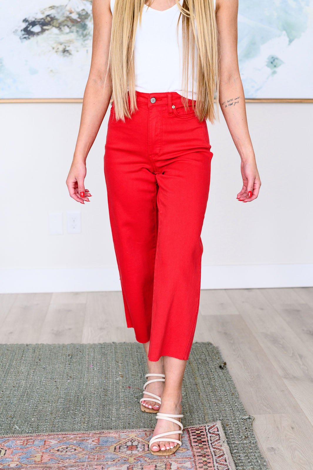 Lisa High Rise Control Top Wide Leg Crop Jeans in Red - Loving God