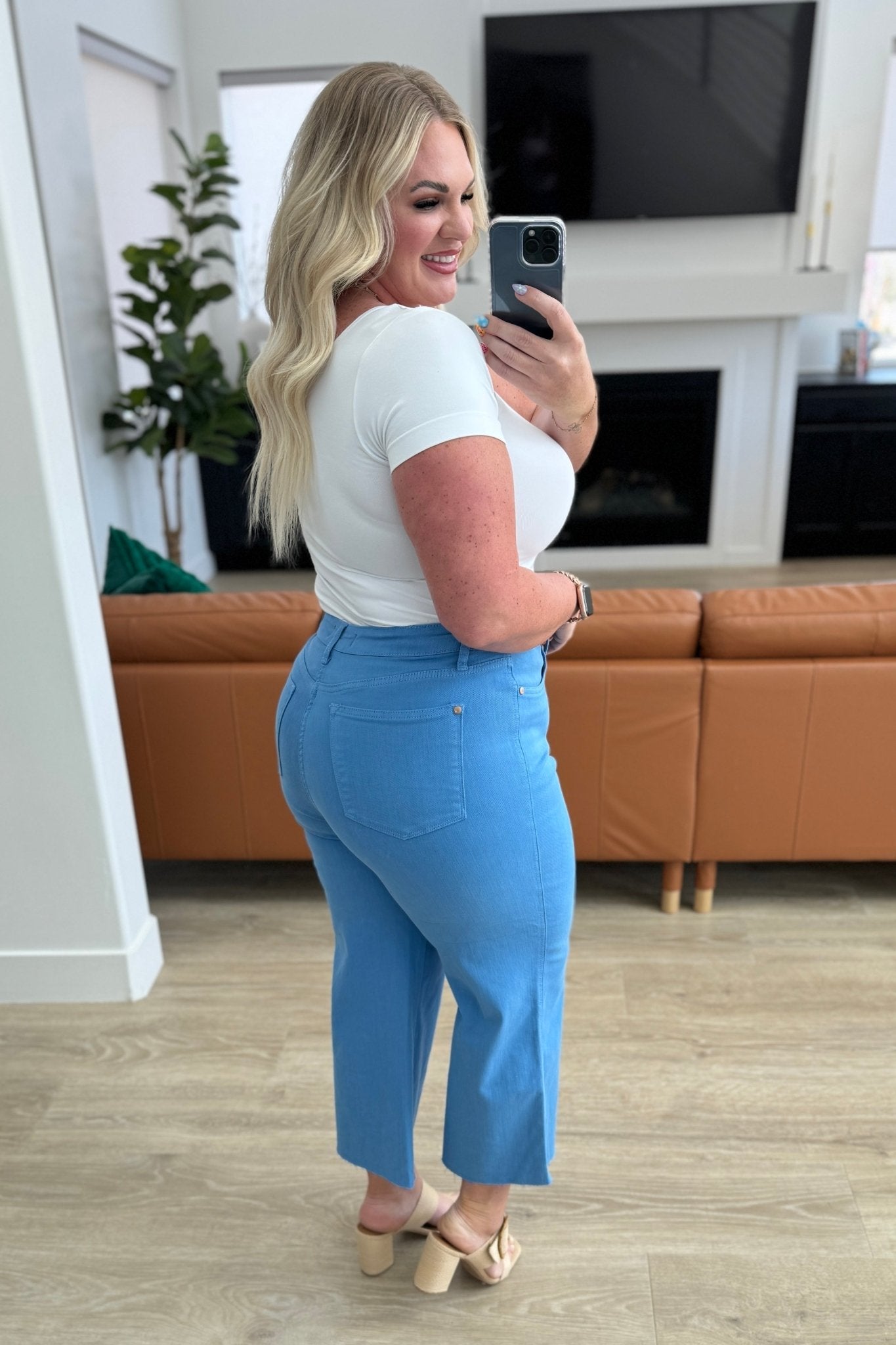 Lisa High Rise Control Top Wide Leg Crop Jeans in Sky Blue - Loving God