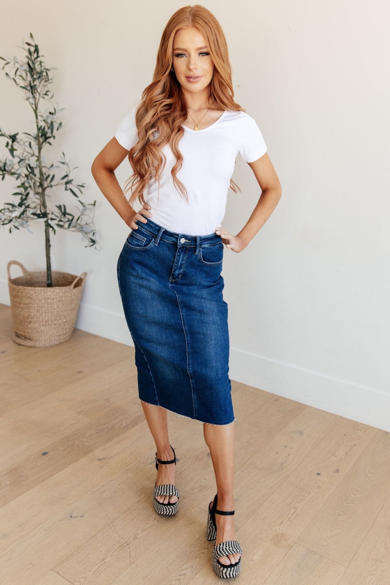 Marcy High Rise Denim Midi Skirt - Loving God