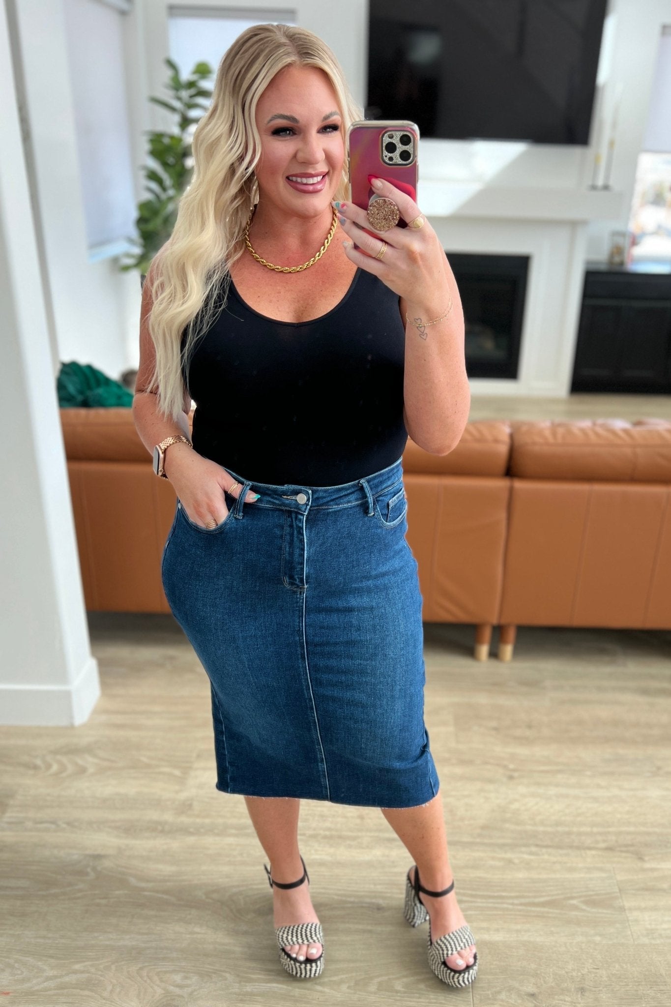 Marcy High Rise Denim Midi Skirt - Loving God
