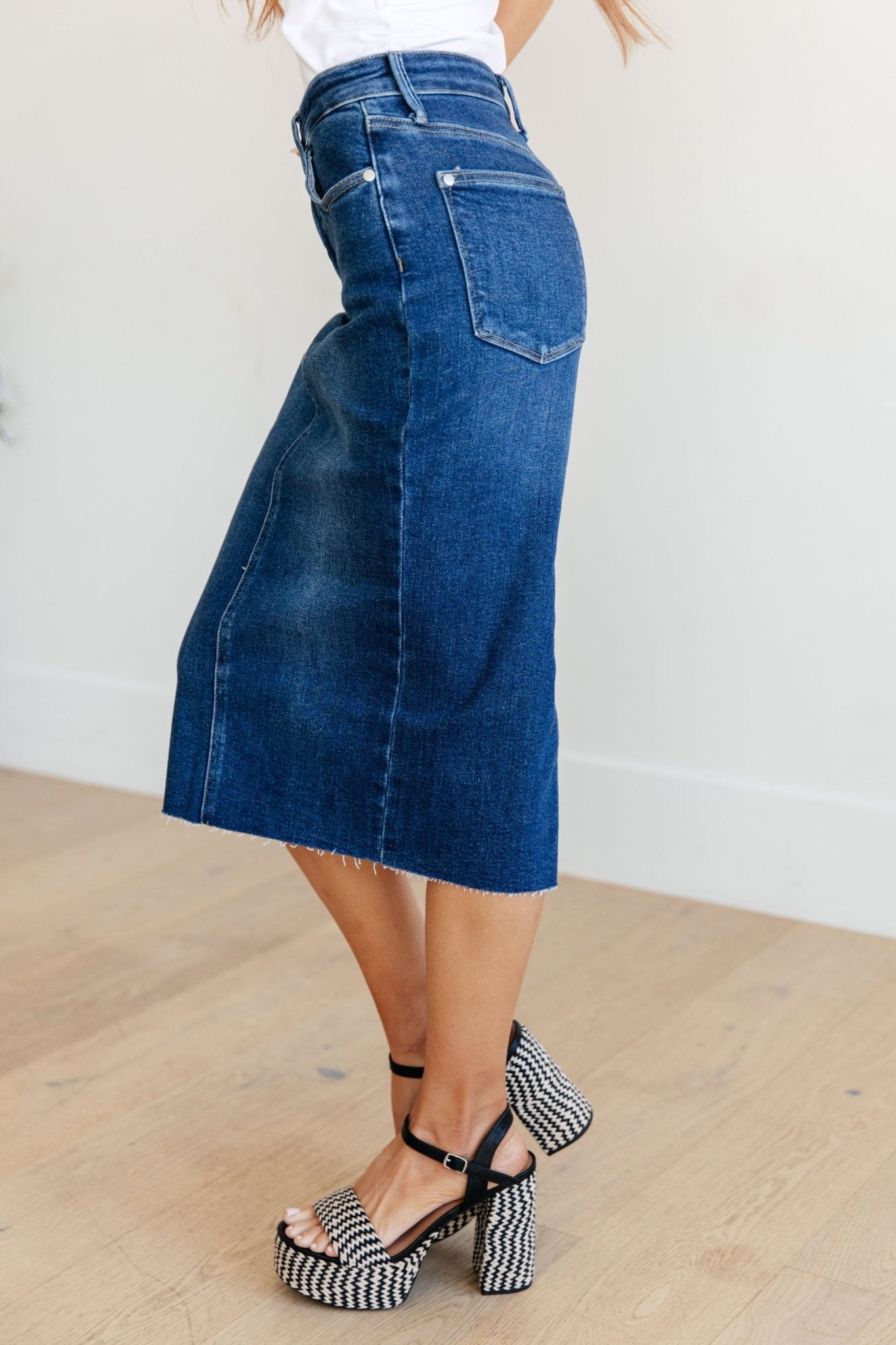 Marcy High Rise Denim Midi Skirt - Loving God