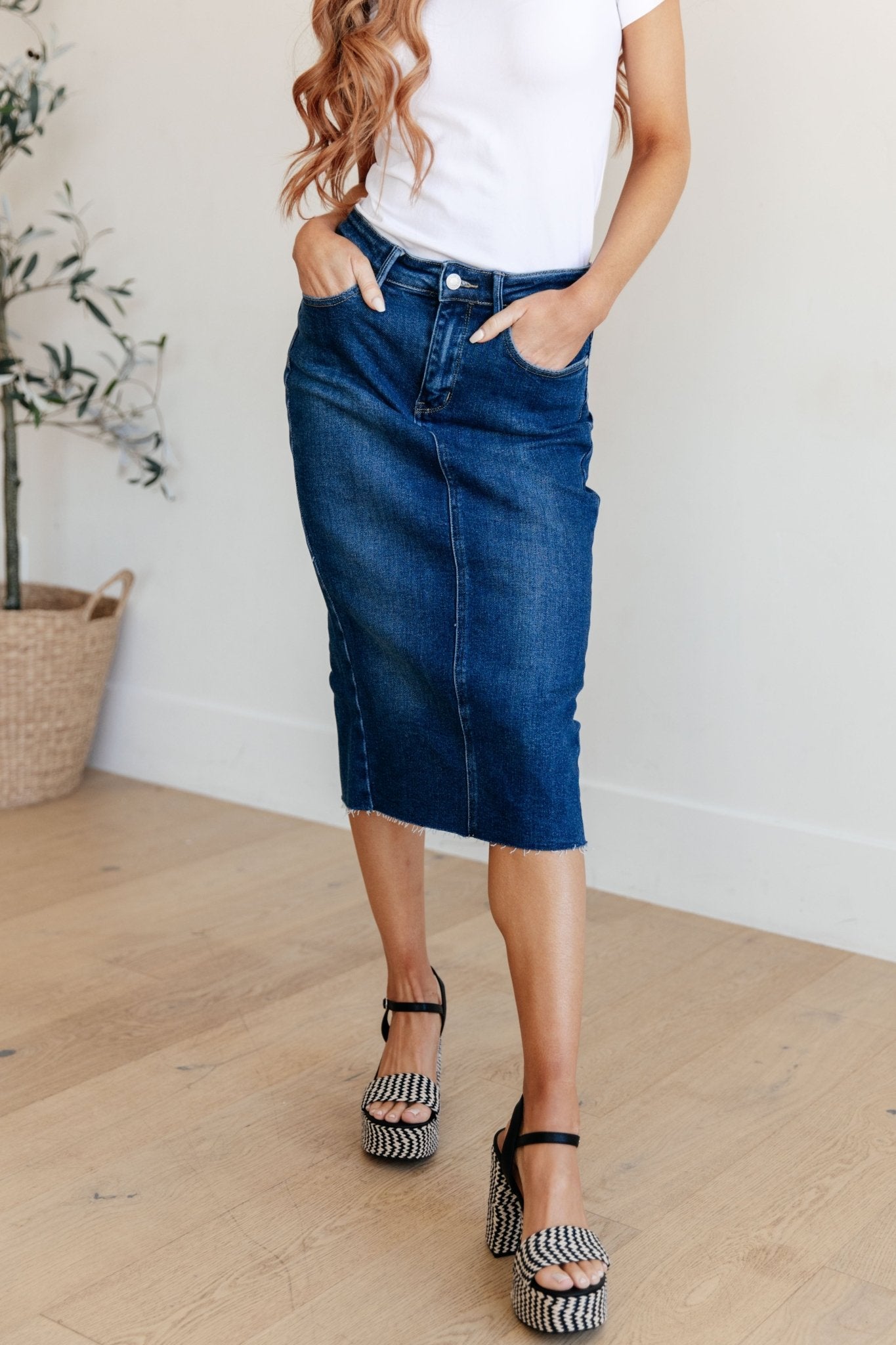 Marcy High Rise Denim Midi Skirt - Loving God