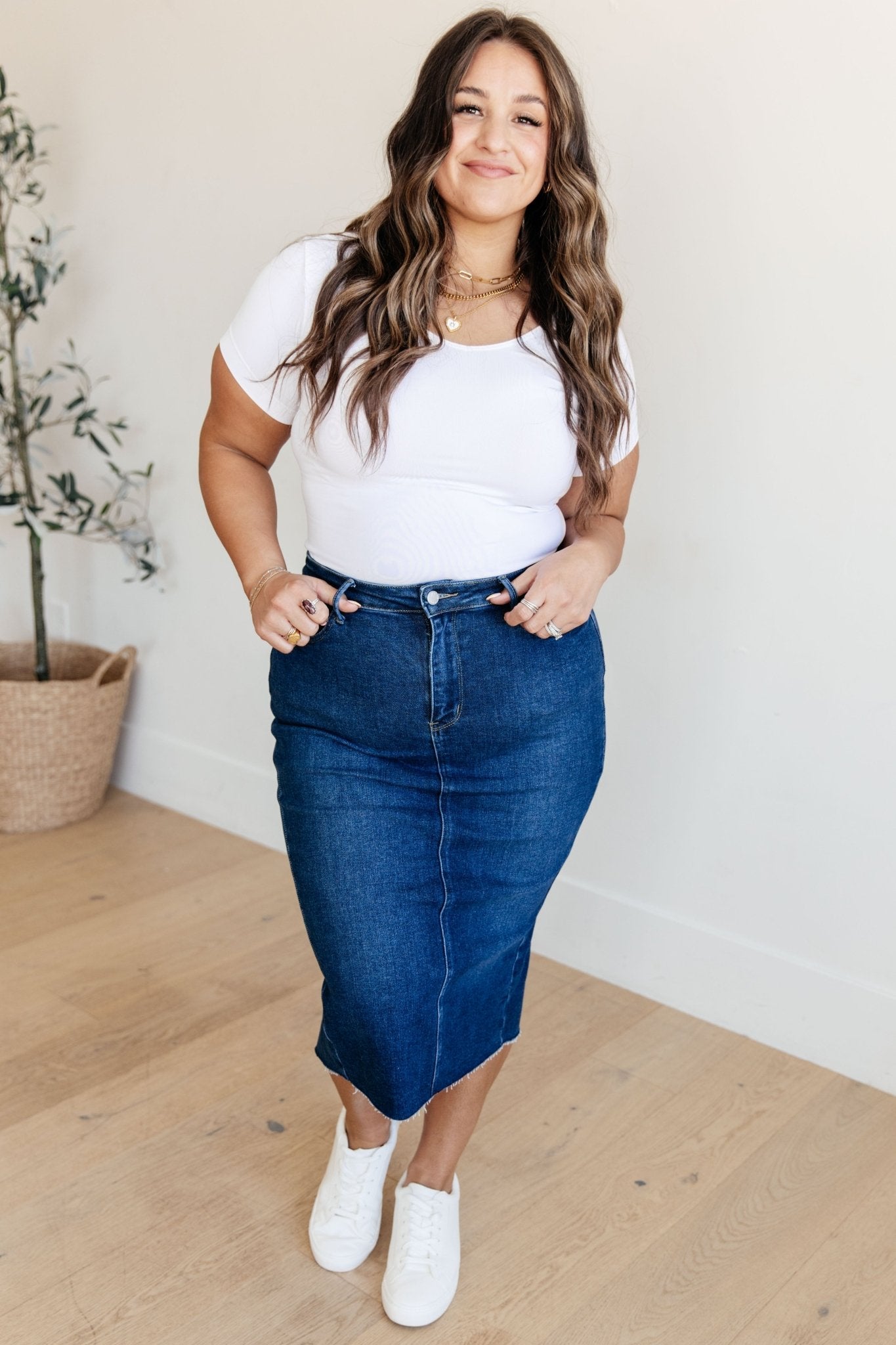 Marcy High Rise Denim Midi Skirt - Loving God
