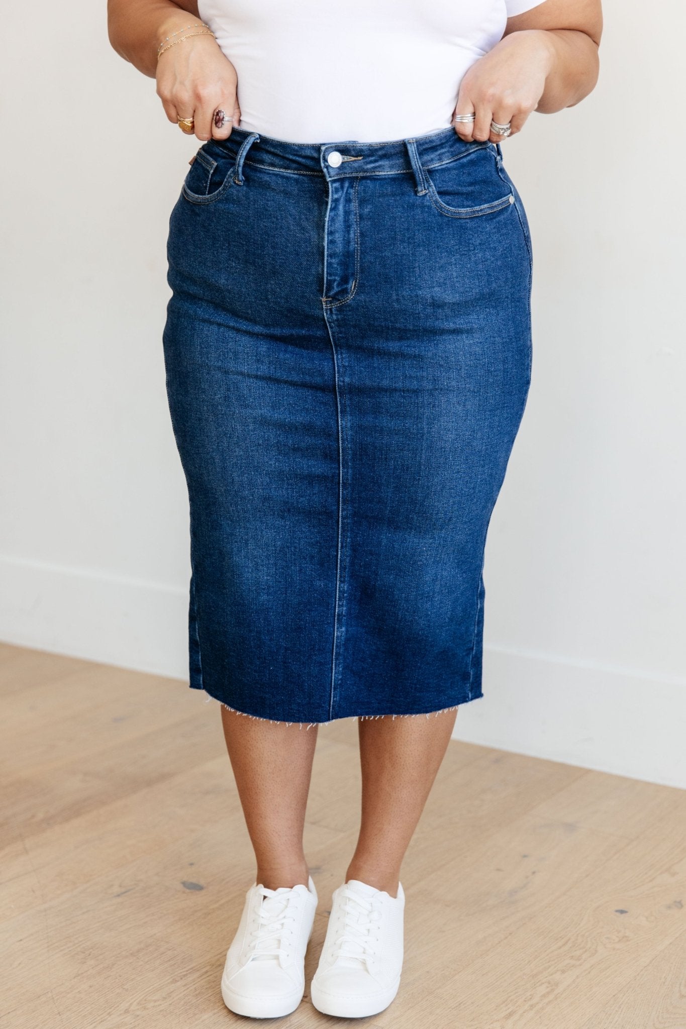 Marcy High Rise Denim Midi Skirt - Loving God