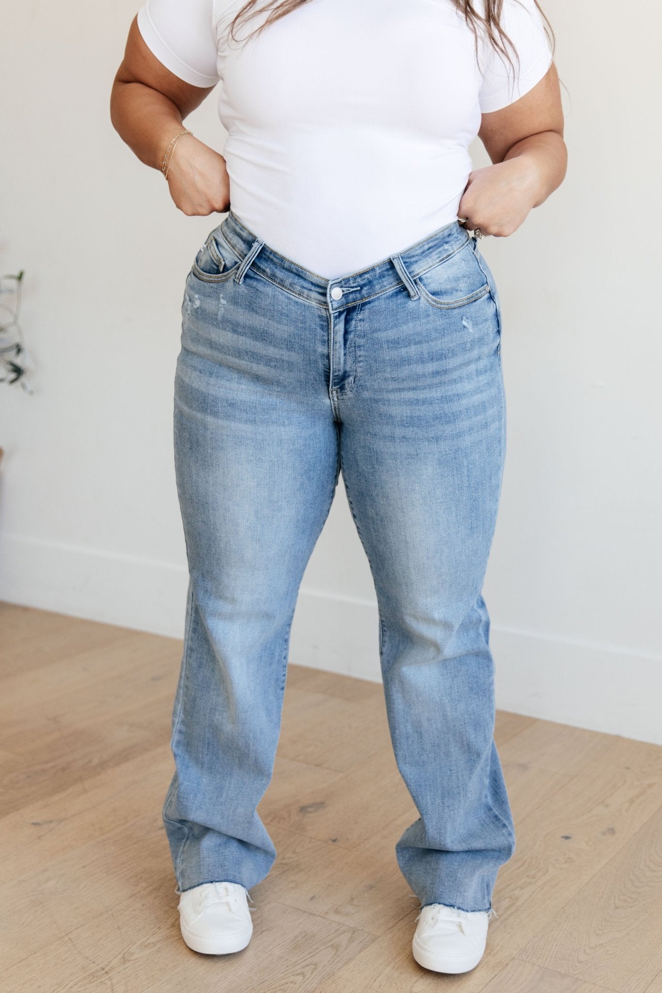 Mildred High Rise V Front Waistband Straight Jeans - Loving God