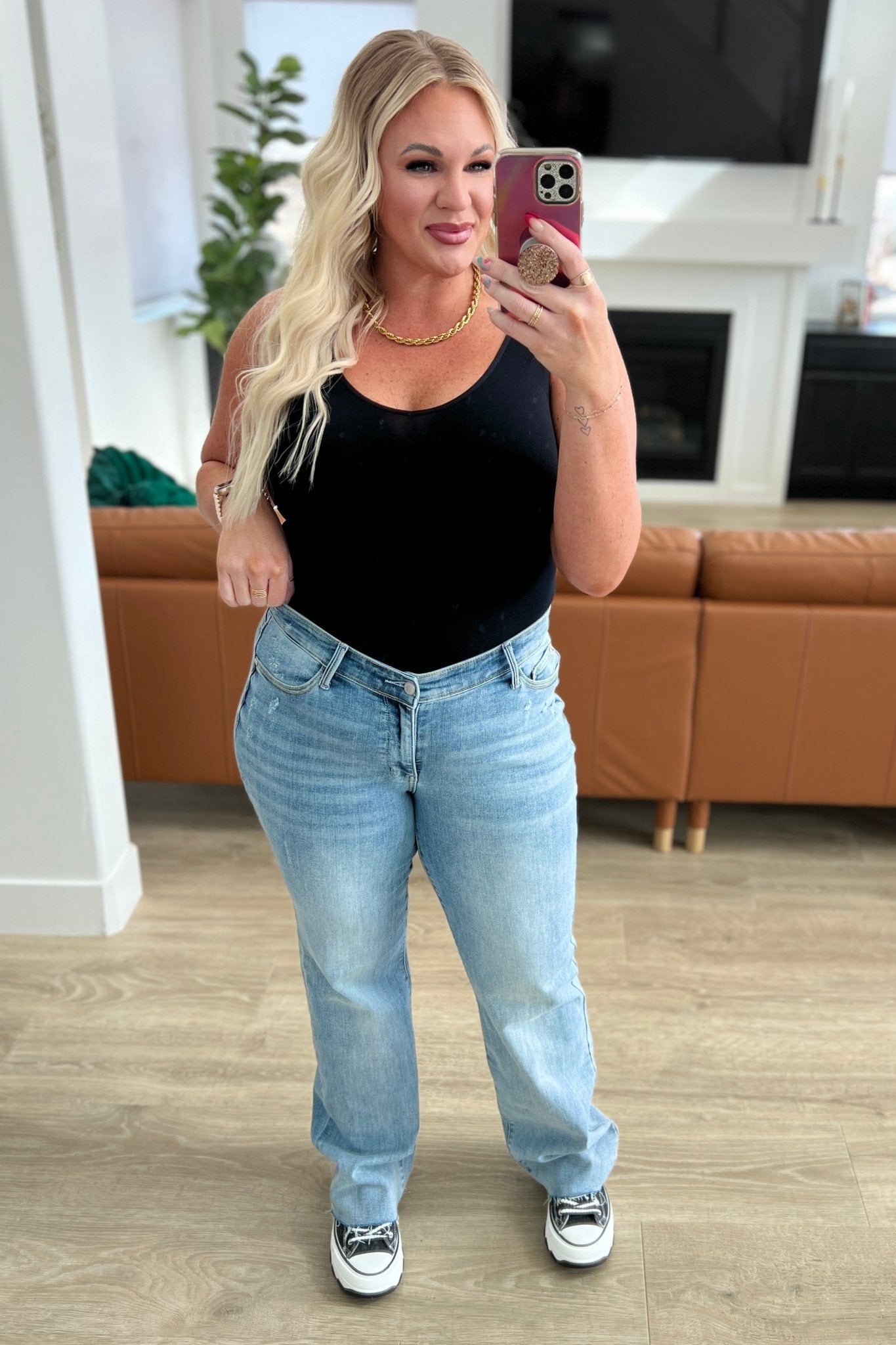 Mildred High Rise V Front Waistband Straight Jeans - Loving God