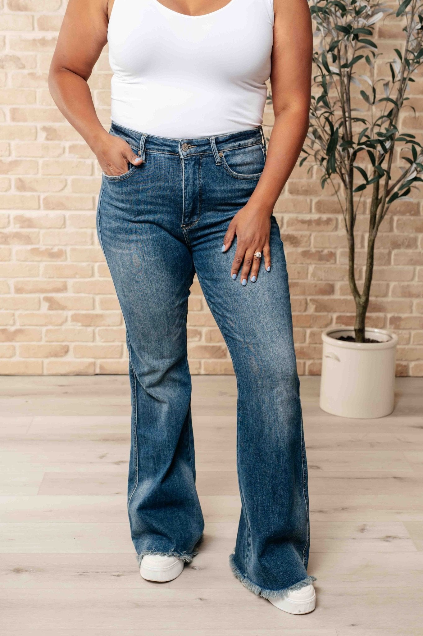 Miley High Waist Control Top Frayed Hem Flare Jeans - Loving God