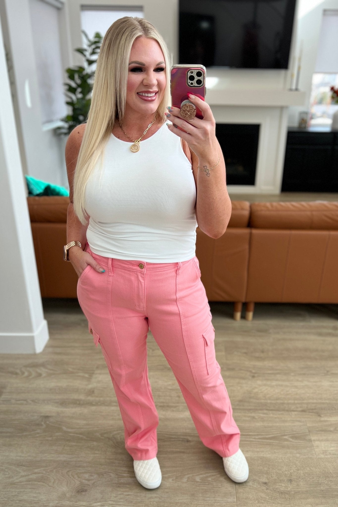 Peggy High Rise Cargo Straight Jeans in Pink - Loving God