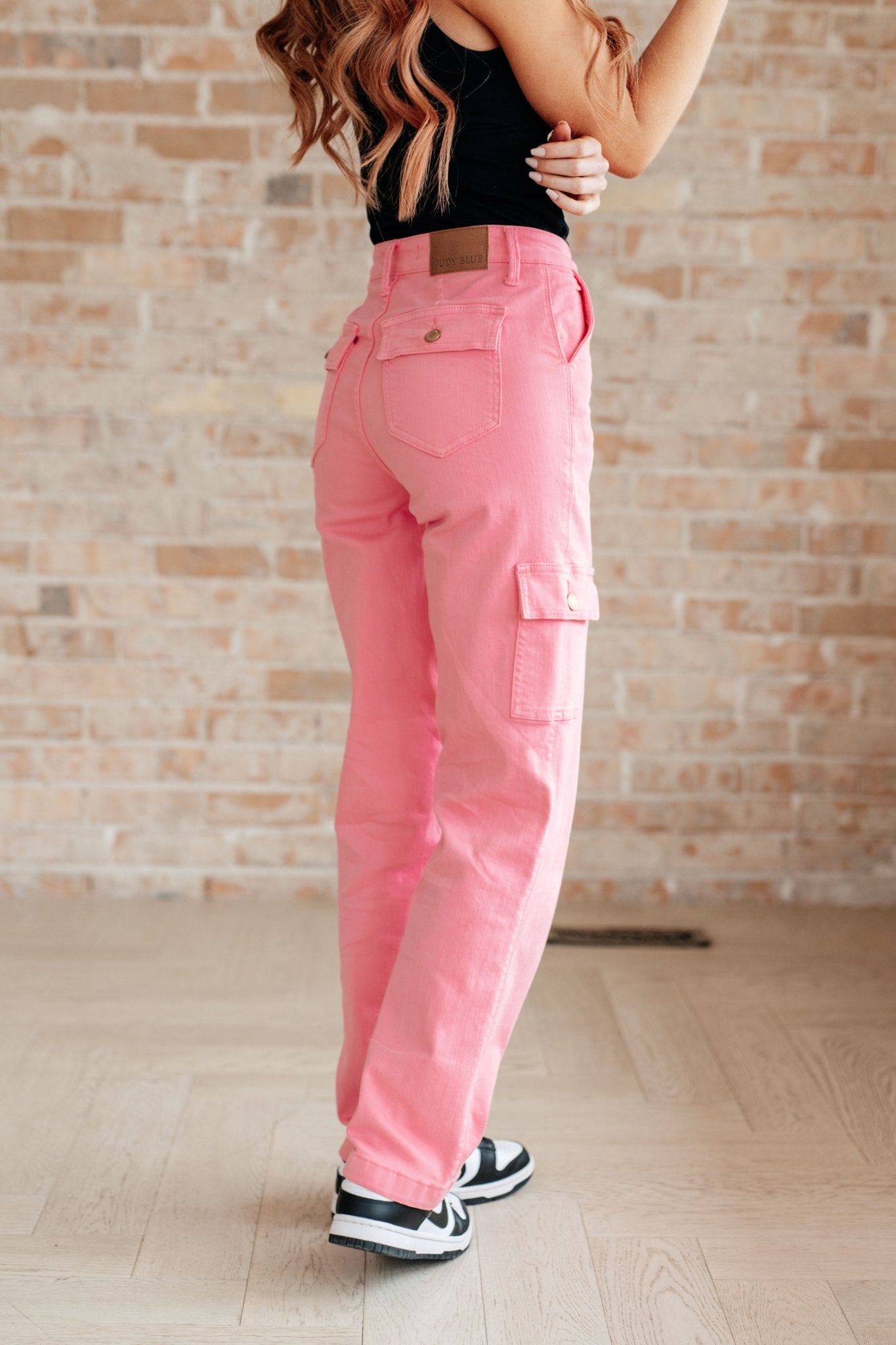 Peggy High Rise Cargo Straight Jeans in Pink - Loving God