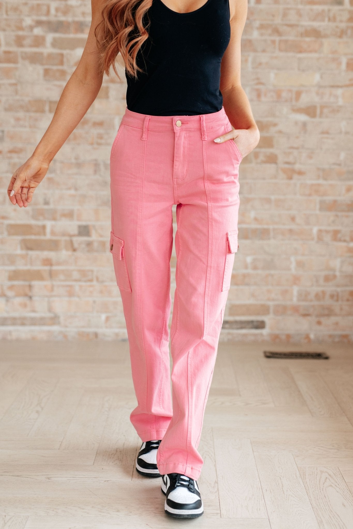 Peggy High Rise Cargo Straight Jeans in Pink - Loving God