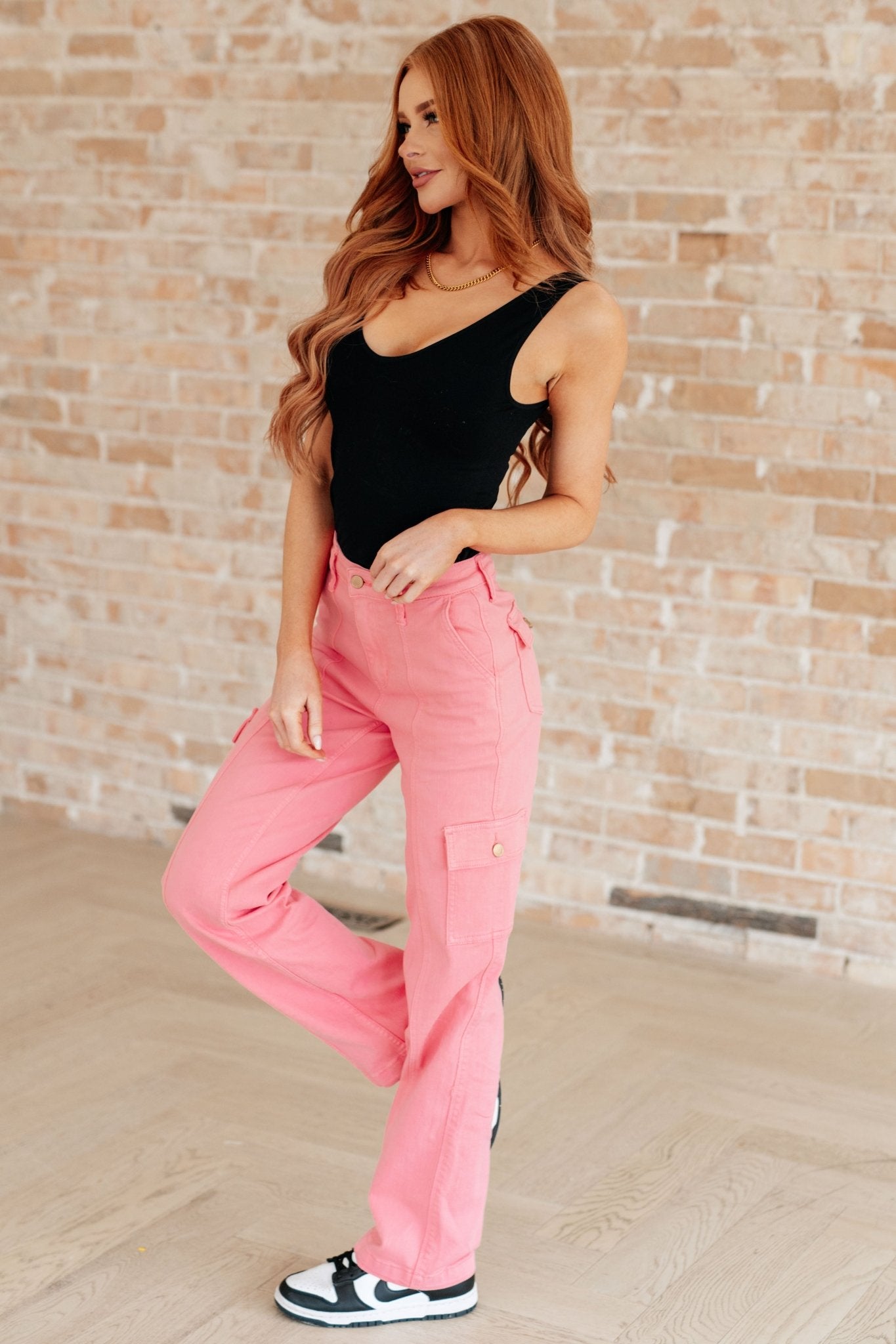 Peggy High Rise Cargo Straight Jeans in Pink - Loving God