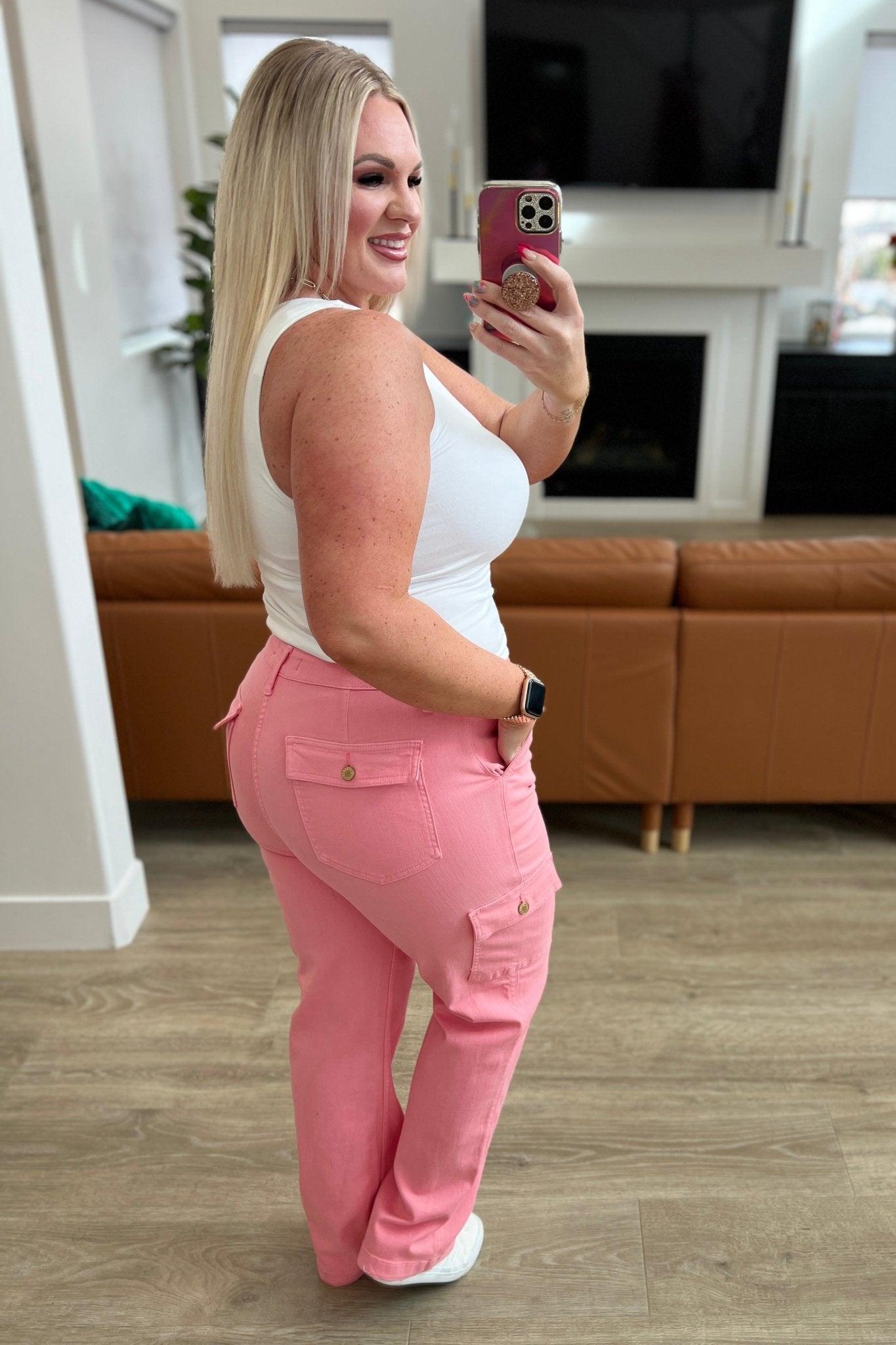 Peggy High Rise Cargo Straight Jeans in Pink - Loving God
