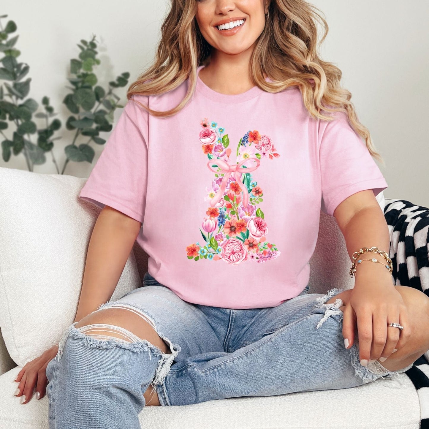 Pink Floral Bunny Graphic Tee - Loving God