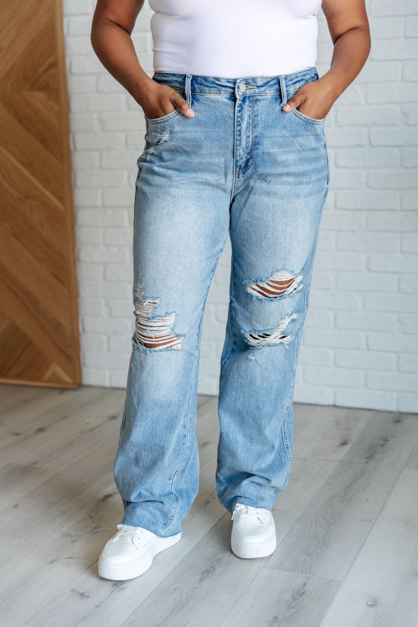 Ramona High Rise Rigid Magic Destroyed Straight Jeans - Loving God