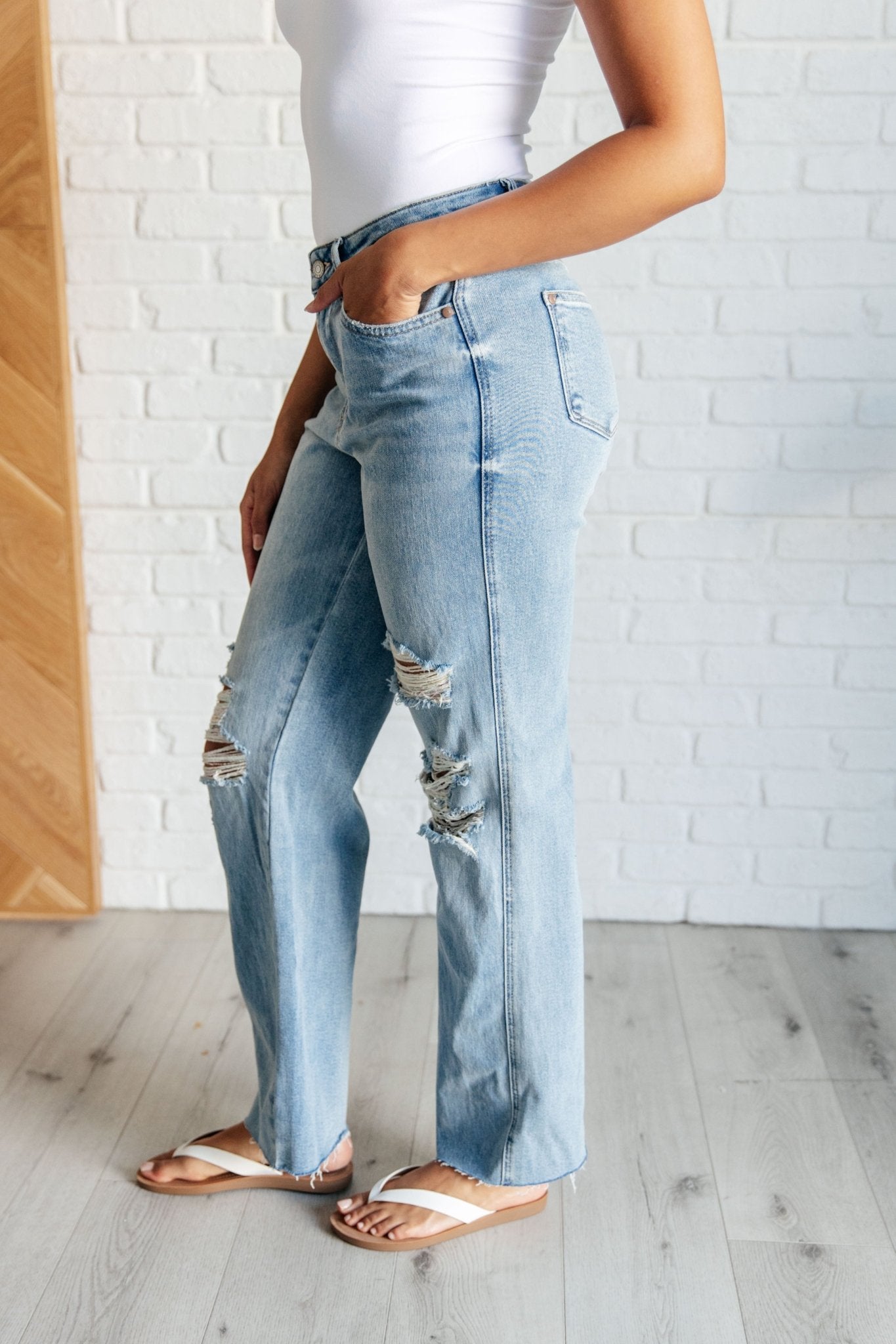 Ramona High Rise Rigid Magic Destroyed Straight Jeans - Loving God