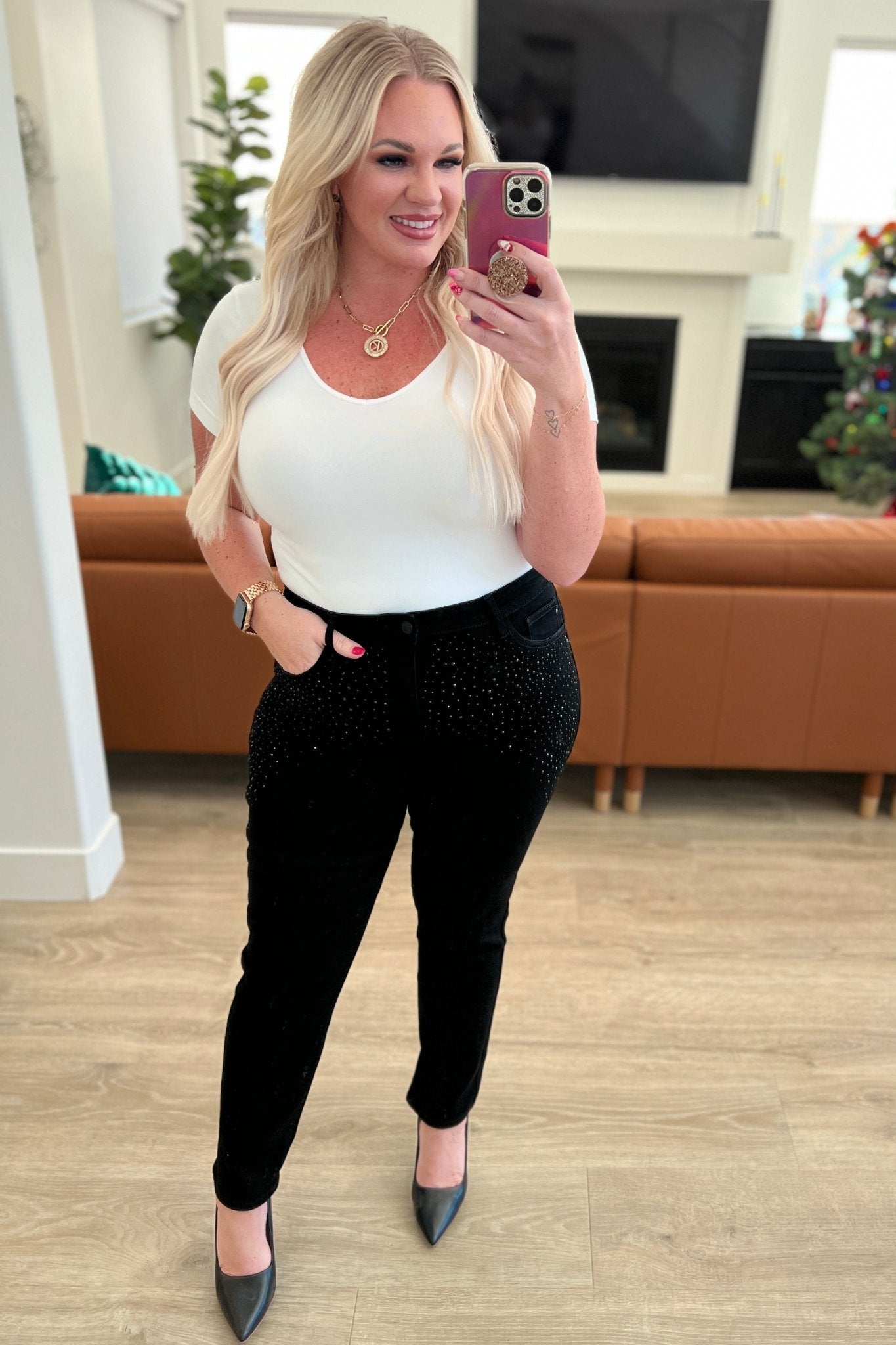 Reese Rhinestone Slim Fit Jeans in Black - Loving God