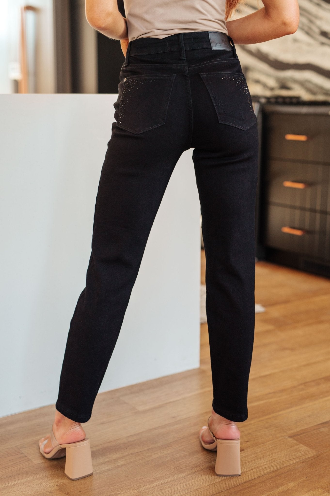 Reese Rhinestone Slim Fit Jeans in Black - Loving God
