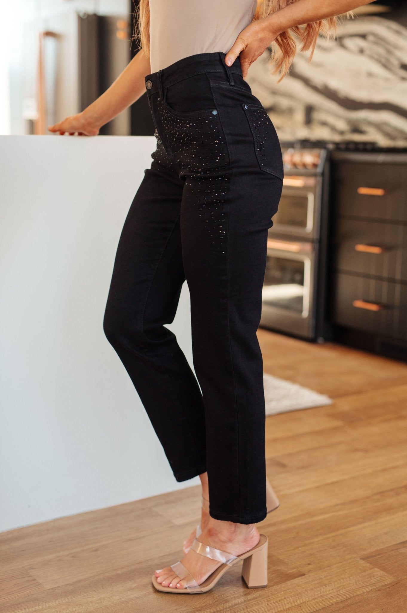 Reese Rhinestone Slim Fit Jeans in Black - Loving God