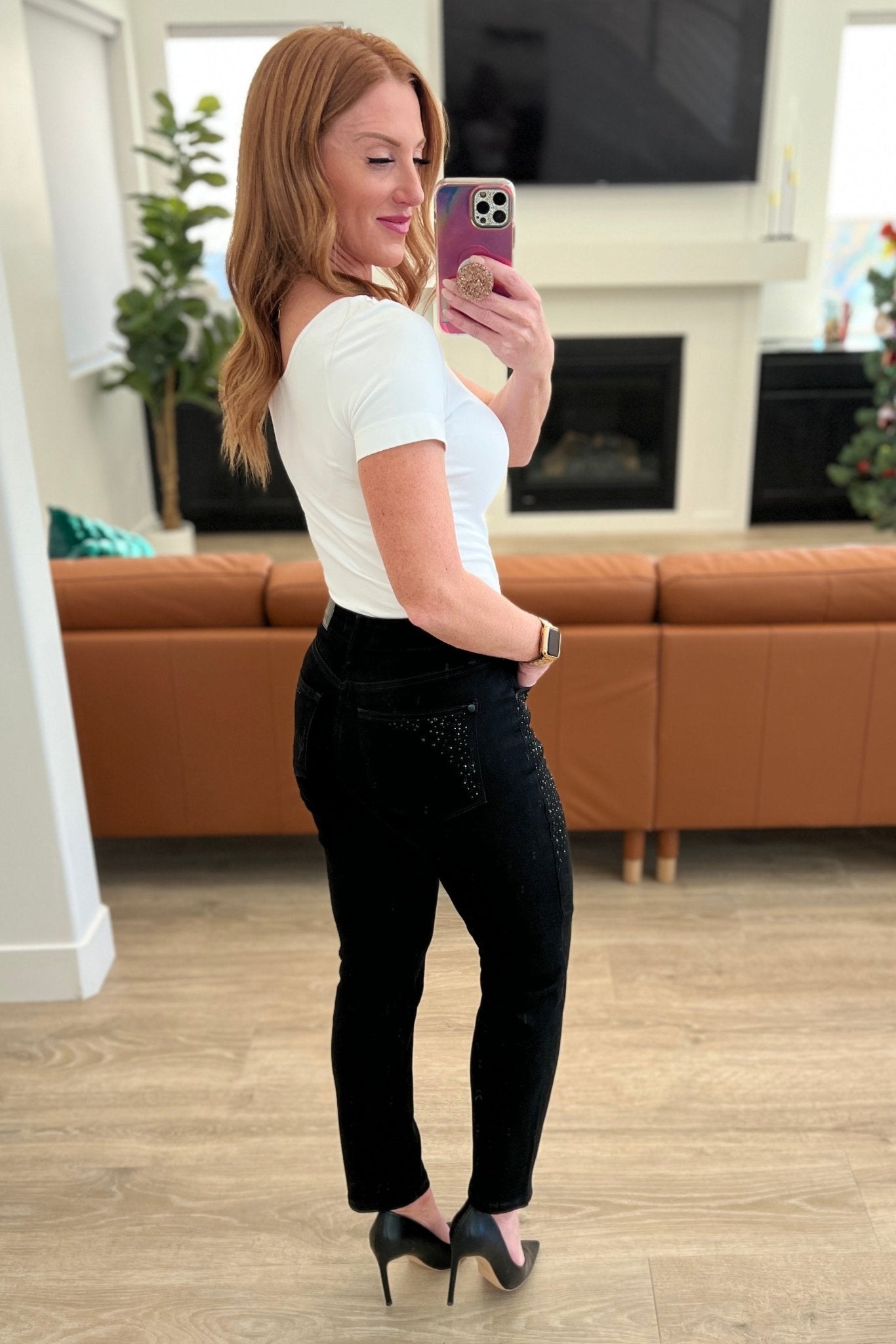 Reese Rhinestone Slim Fit Jeans in Black - Loving God