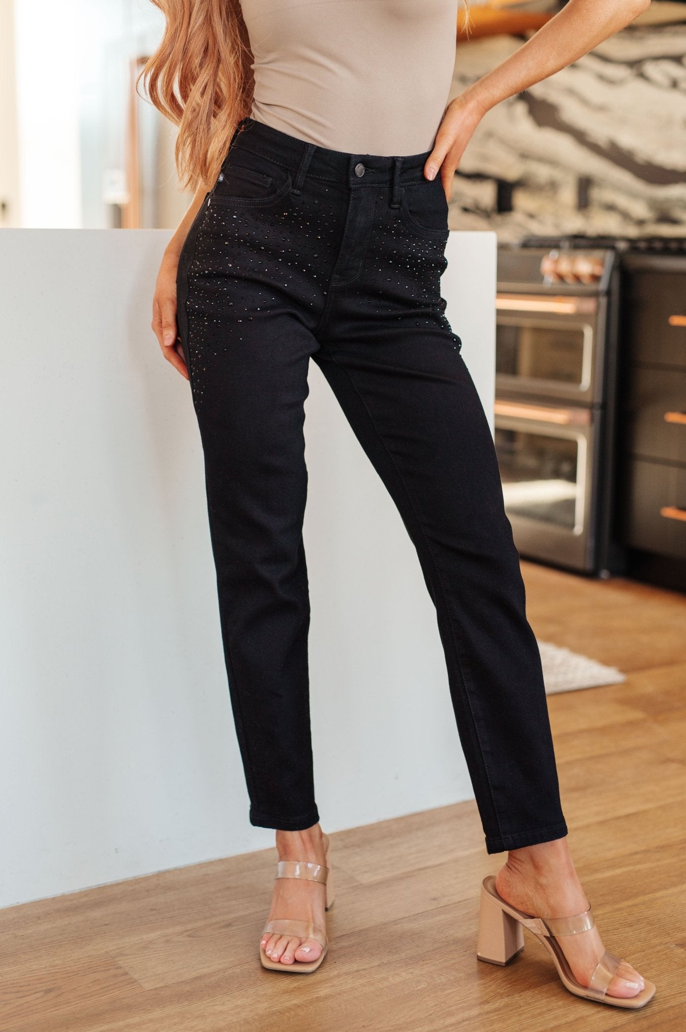 Reese Rhinestone Slim Fit Jeans in Black - Loving God