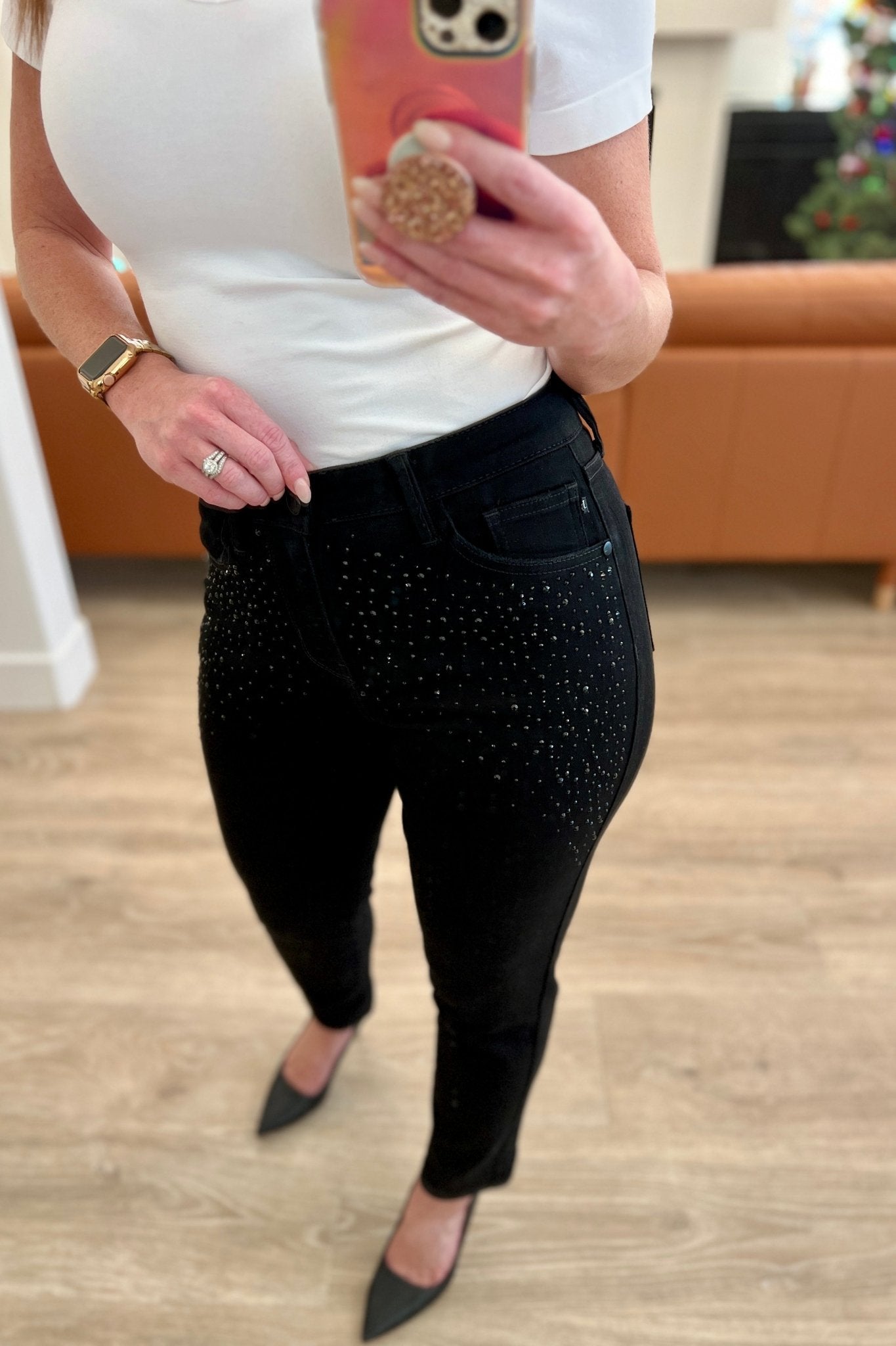 Reese Rhinestone Slim Fit Jeans in Black - Loving God