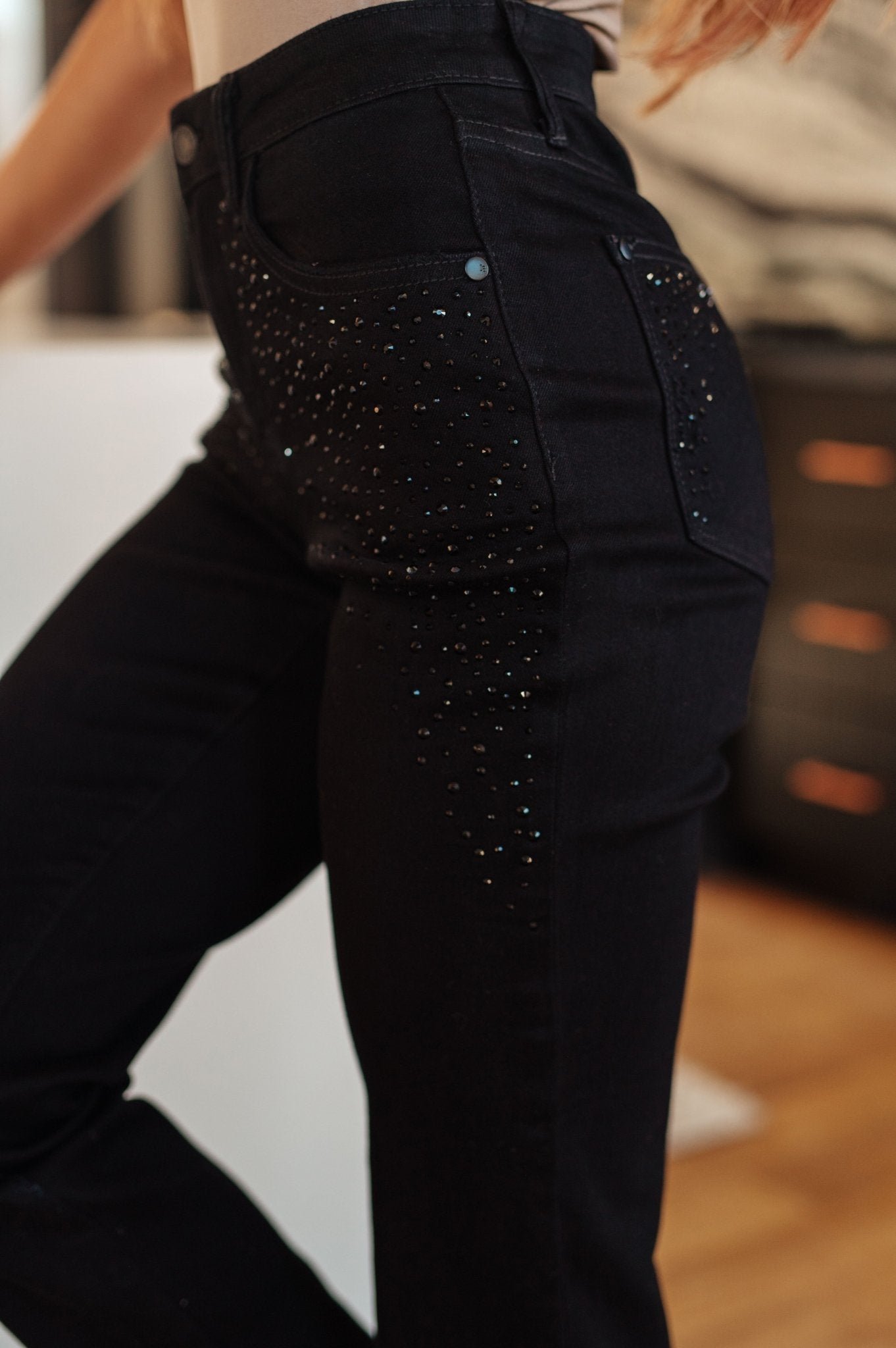 Reese Rhinestone Slim Fit Jeans in Black - Loving God