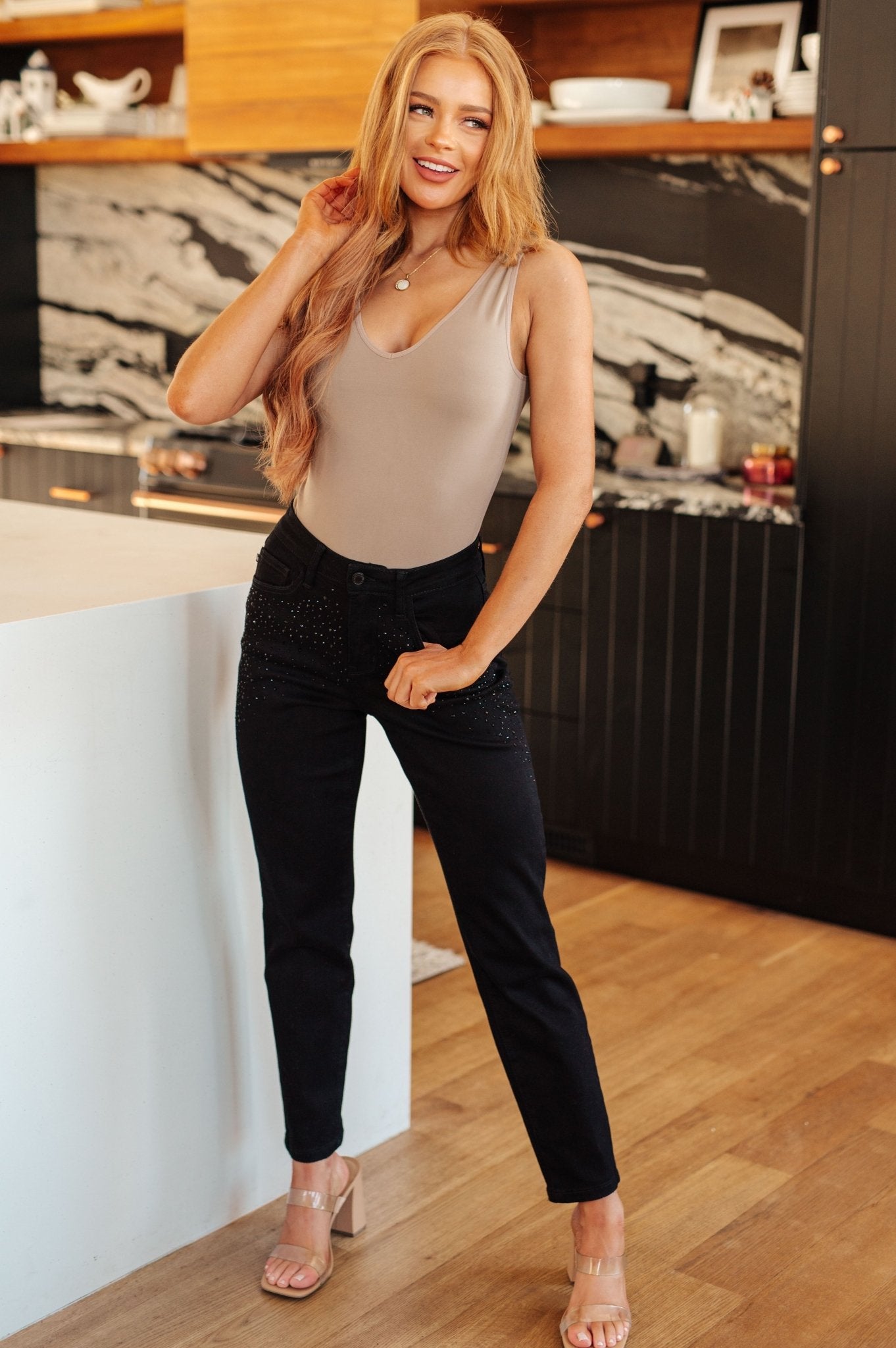 Reese Rhinestone Slim Fit Jeans in Black - Loving God