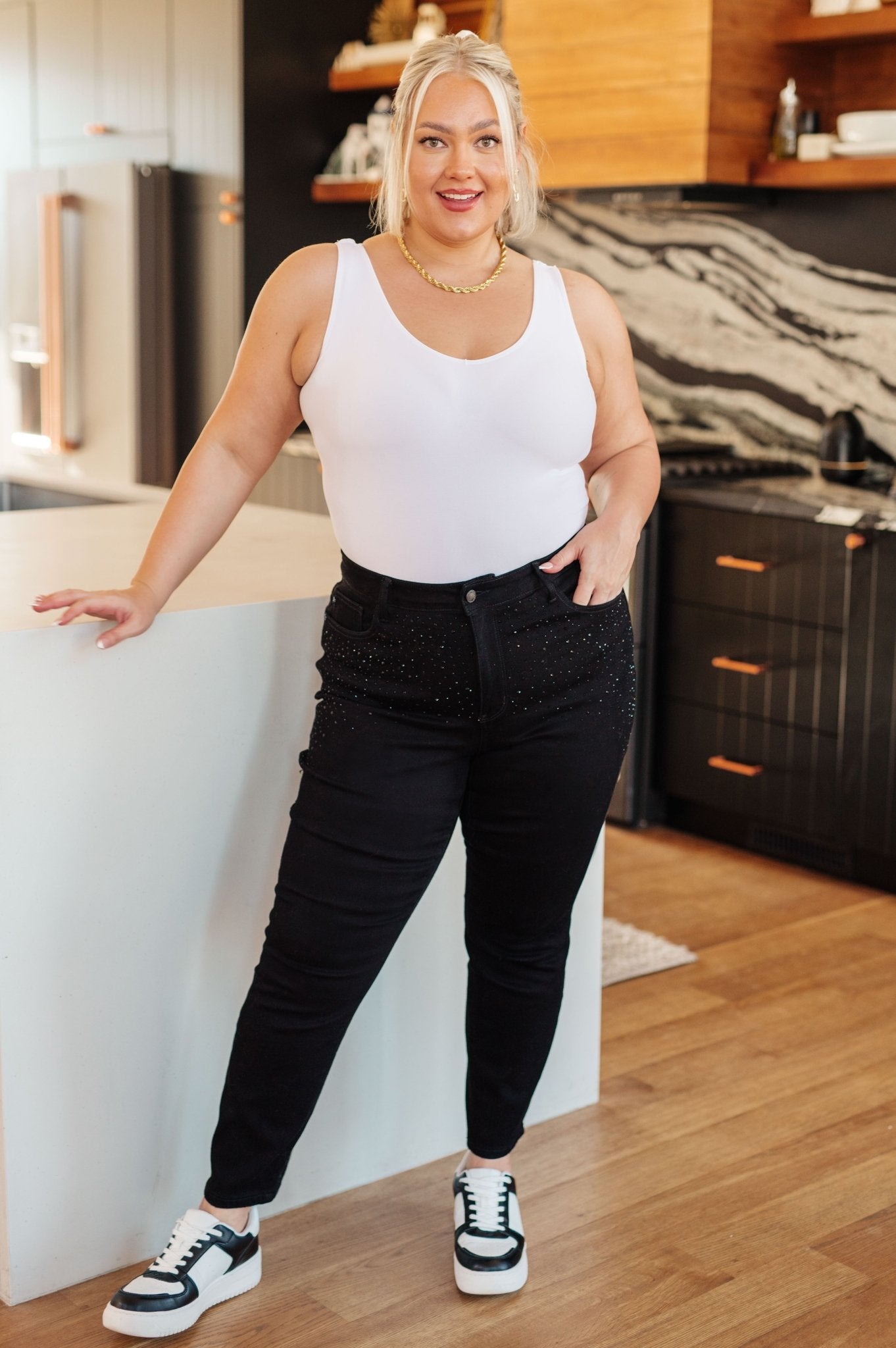 Reese Rhinestone Slim Fit Jeans in Black - Loving God