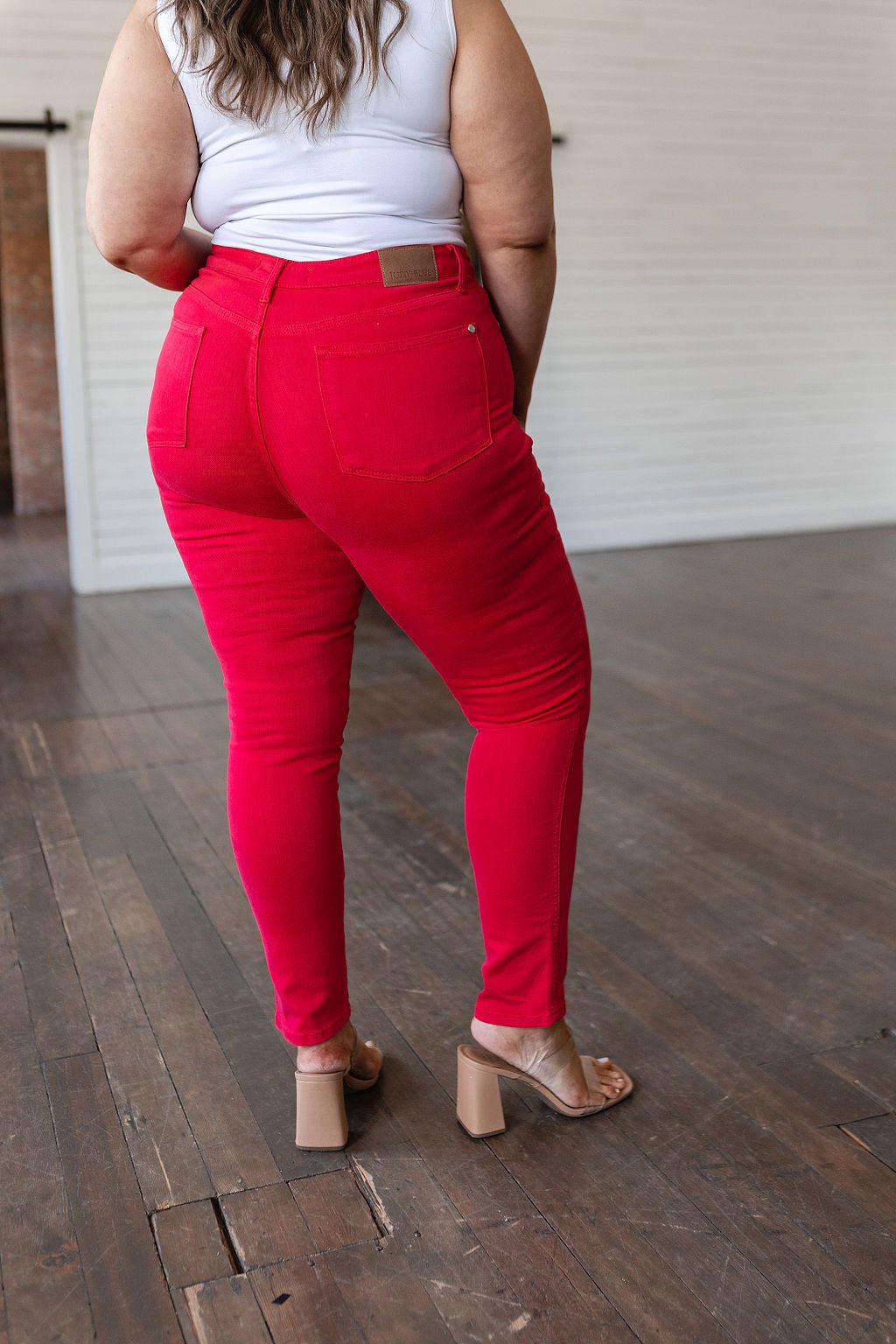 Ruby High Rise Control Top Garment Dyed Skinny Jeans in Red - Loving God