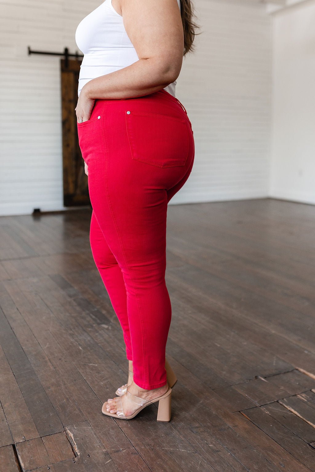 Ruby High Rise Control Top Garment Dyed Skinny Jeans in Red - Loving God