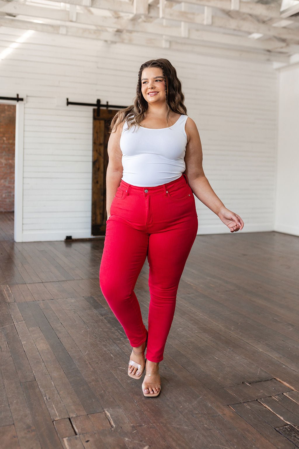 Ruby High Rise Control Top Garment Dyed Skinny Jeans in Red - Loving God