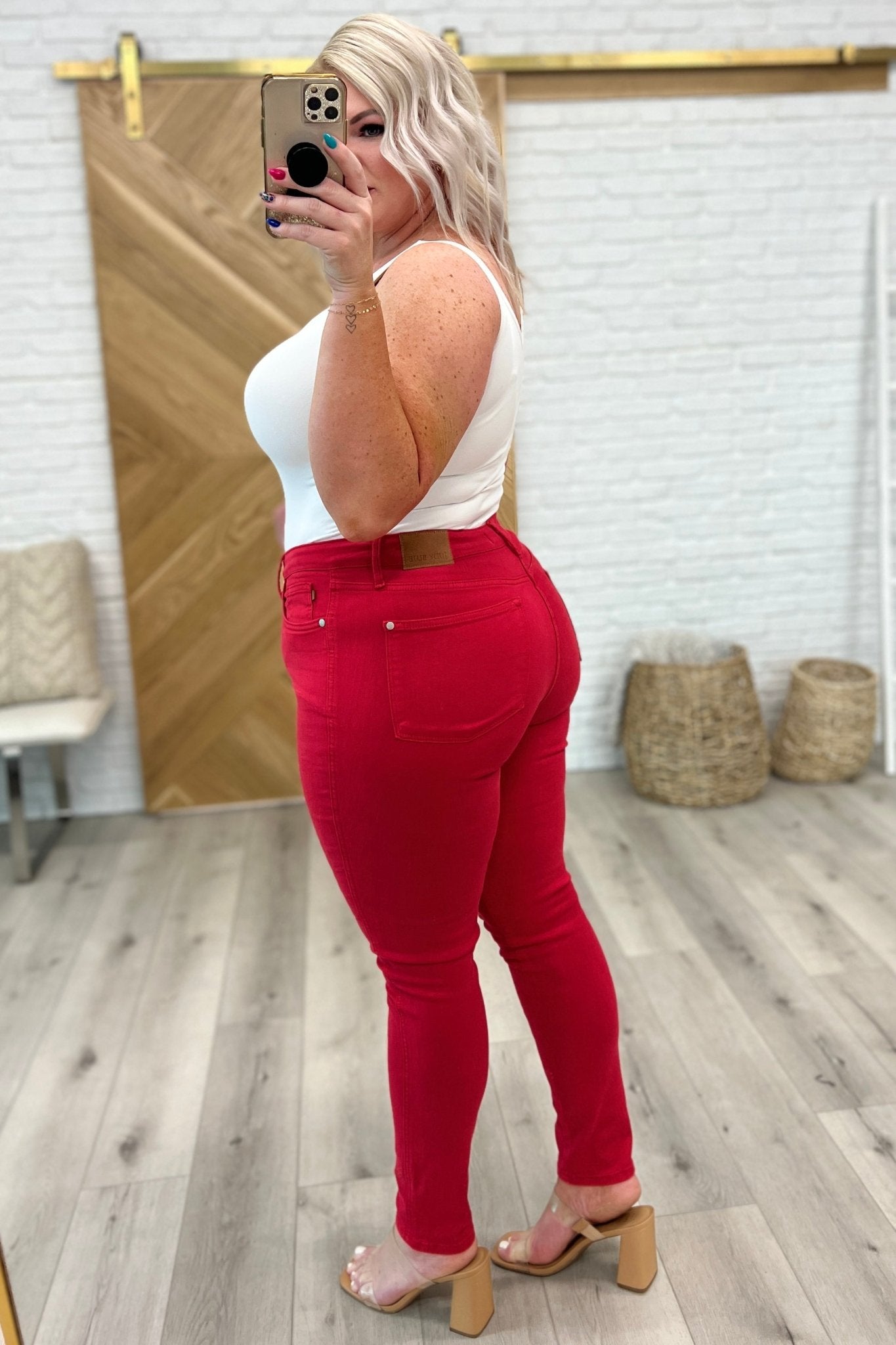 Ruby High Rise Control Top Garment Dyed Skinny Jeans in Red - Loving God