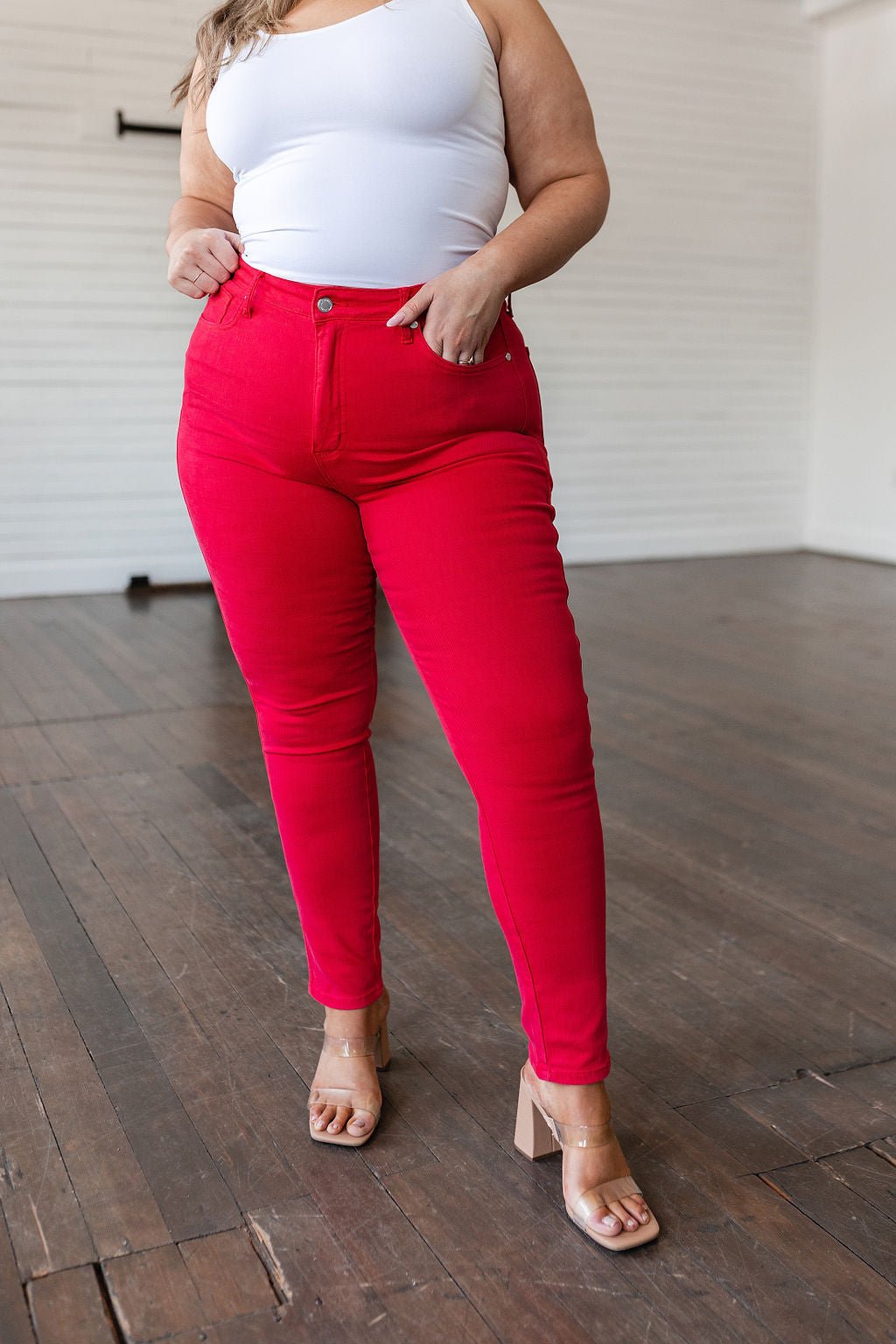 Ruby High Rise Control Top Garment Dyed Skinny Jeans in Red - Loving God