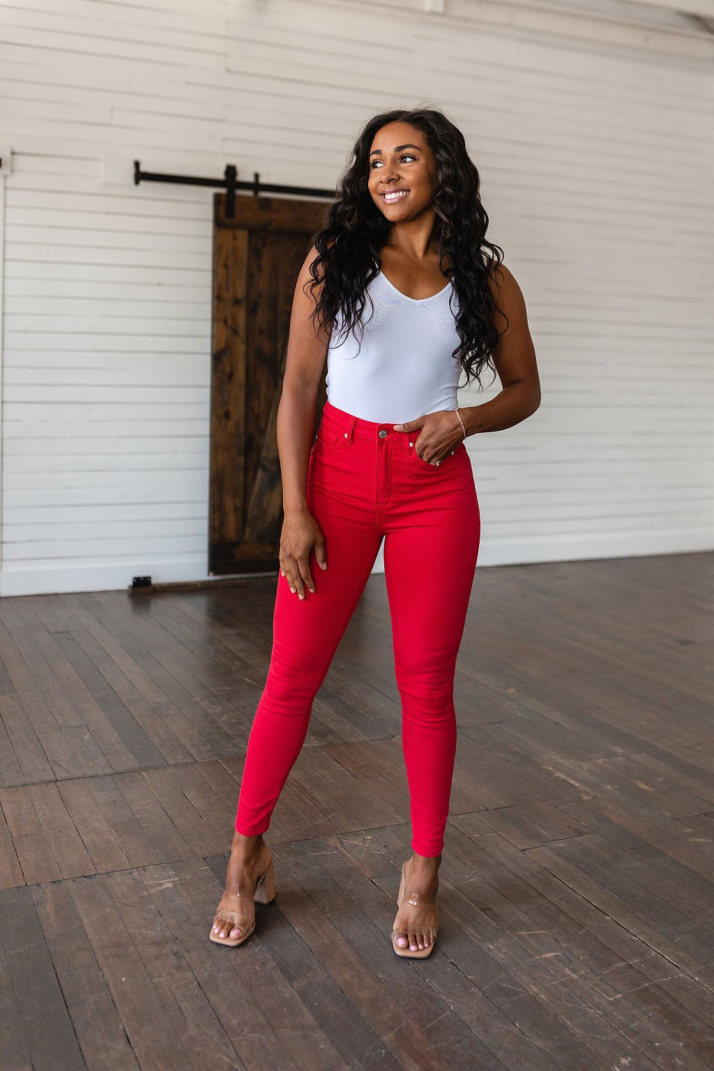 Ruby High Rise Control Top Garment Dyed Skinny Jeans in Red - Loving God