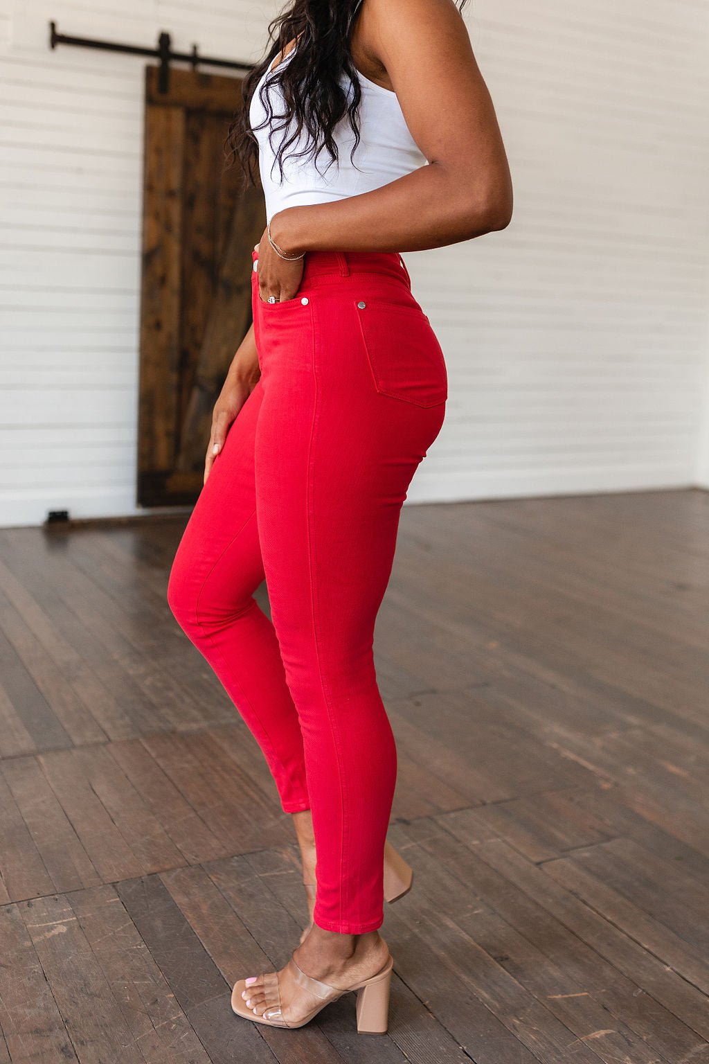 Ruby High Rise Control Top Garment Dyed Skinny Jeans in Red - Loving God