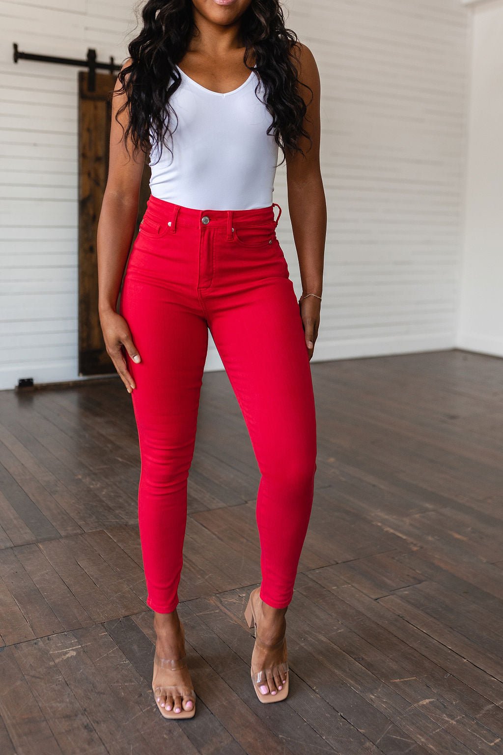 Ruby High Rise Control Top Garment Dyed Skinny Jeans in Red - Loving God