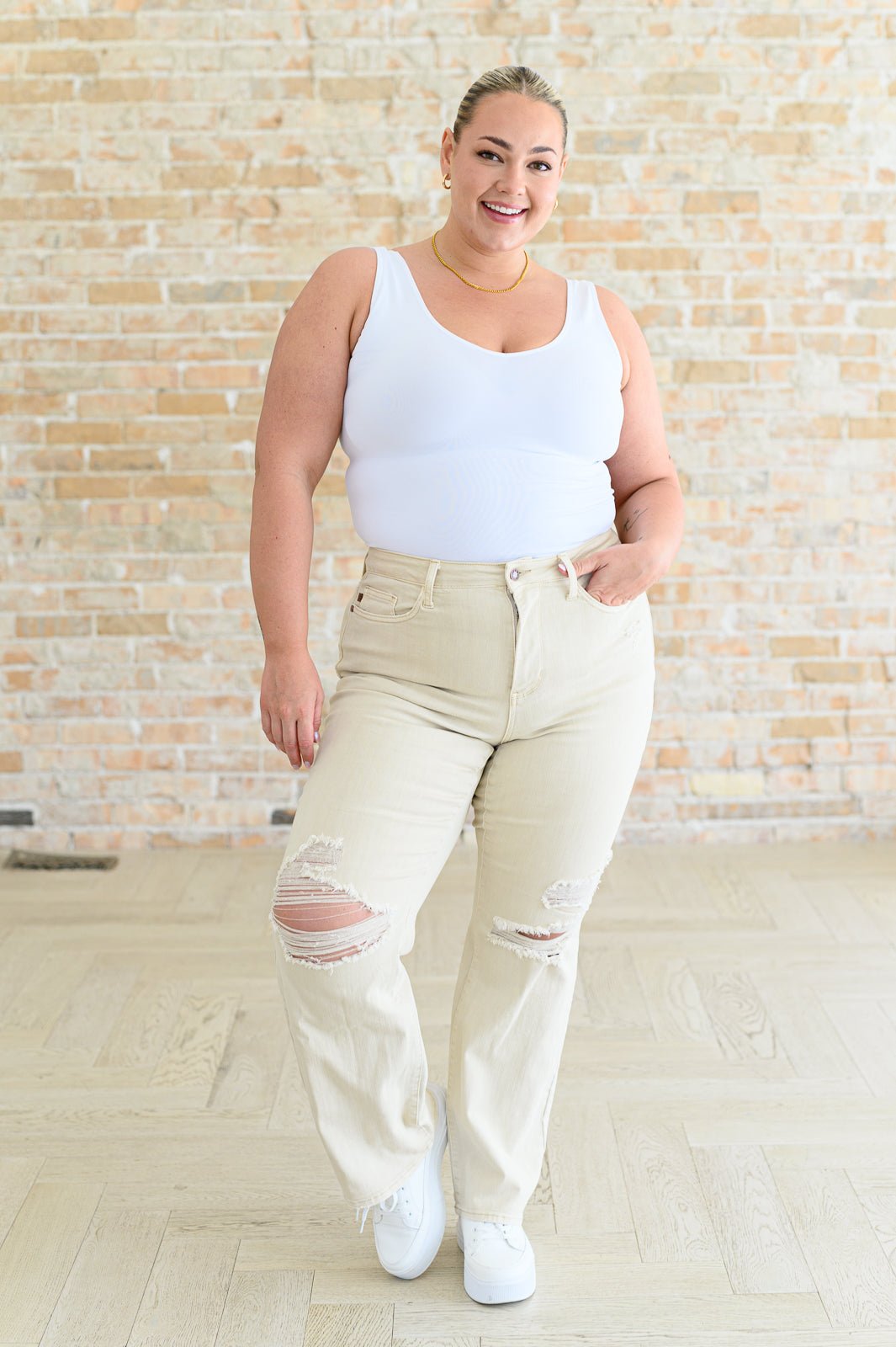 Selena High Rise Distressed 90's Straight Jeans in Bone - Loving God