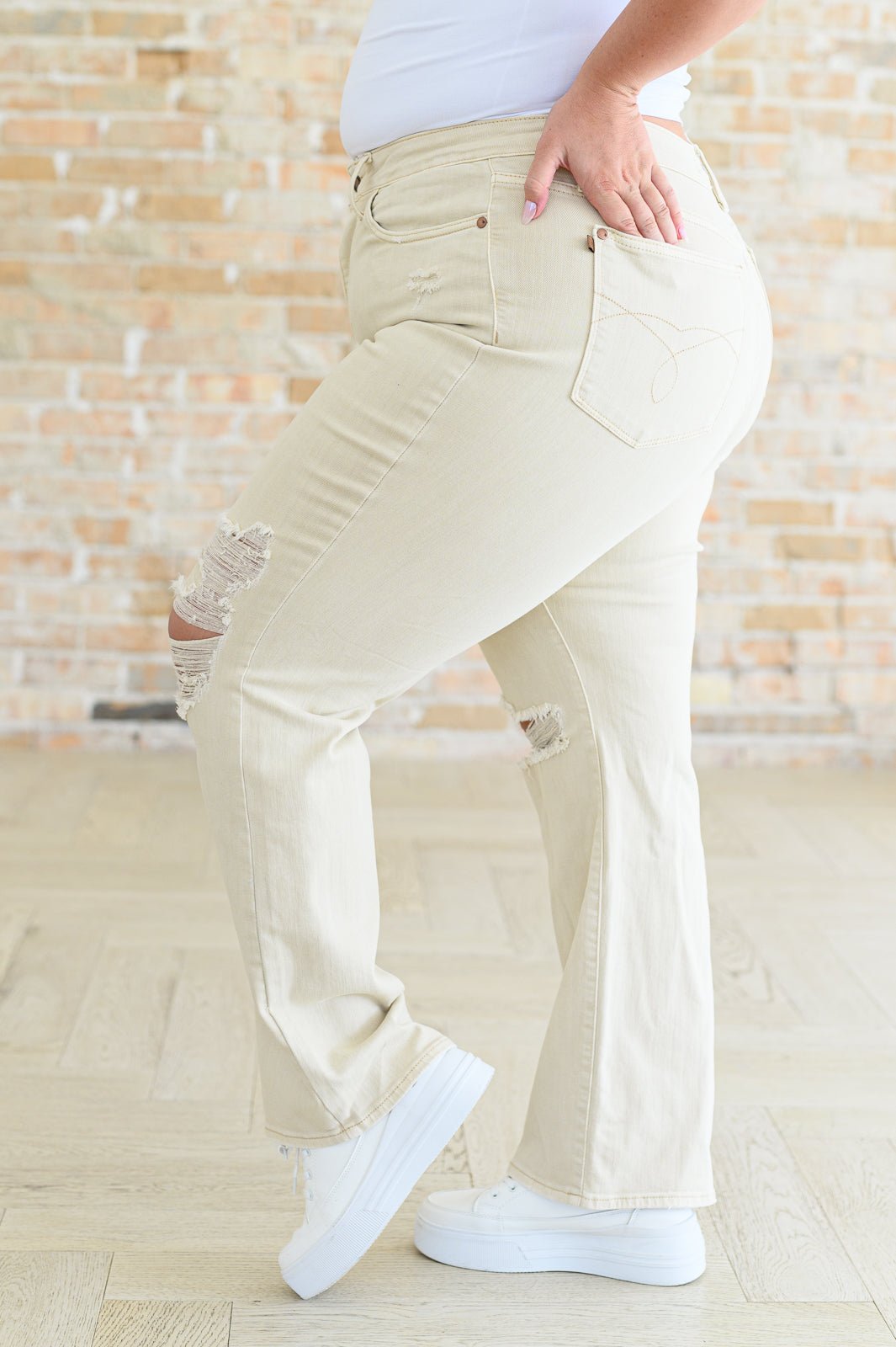 Selena High Rise Distressed 90's Straight Jeans in Bone - Loving God