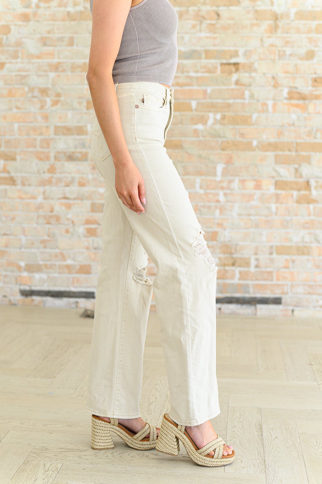 Selena High Rise Distressed 90's Straight Jeans in Bone - Loving God
