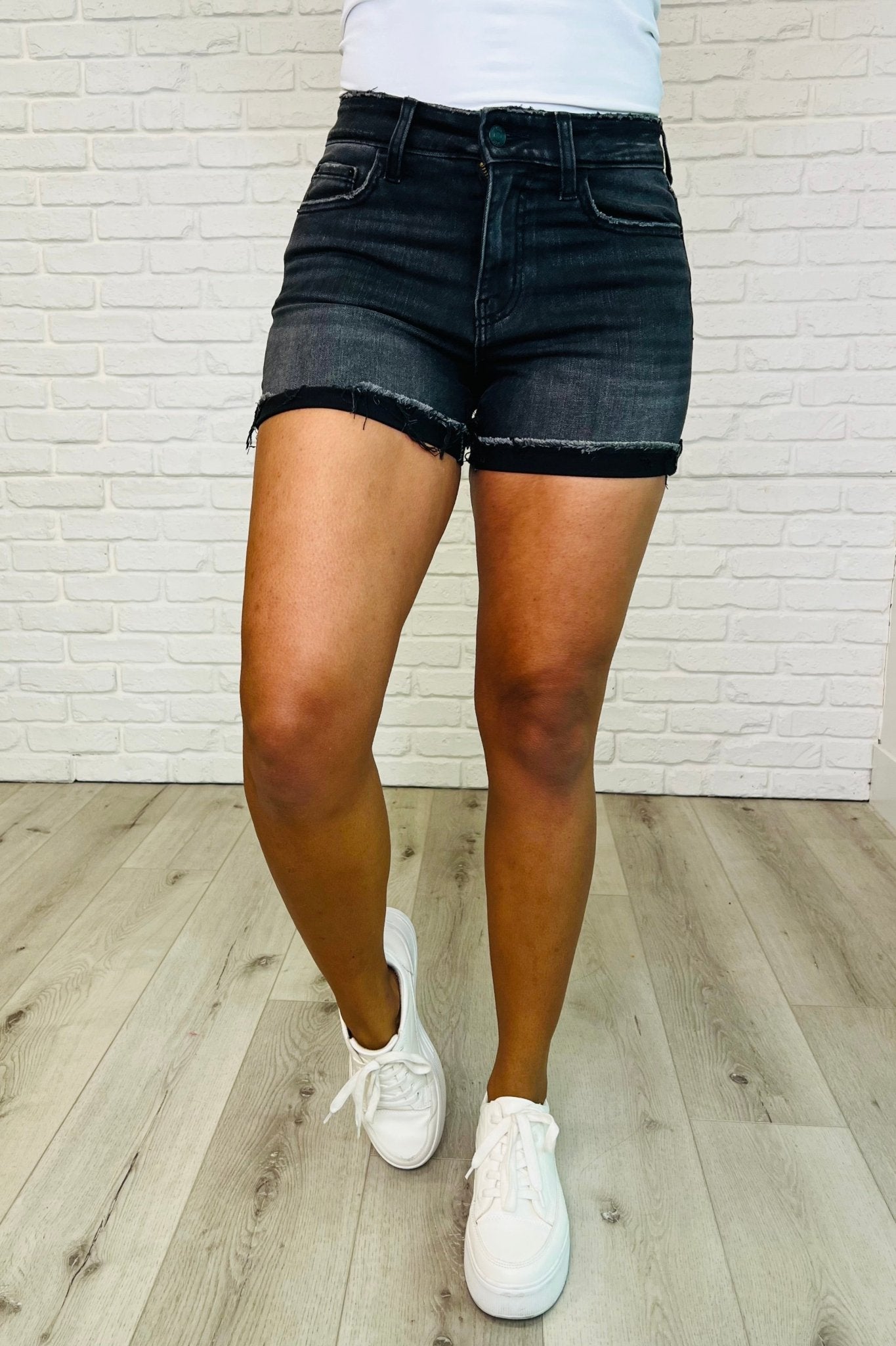 Sunset Stroll Distressed Hem Shorts in Washed Black - Loving God
