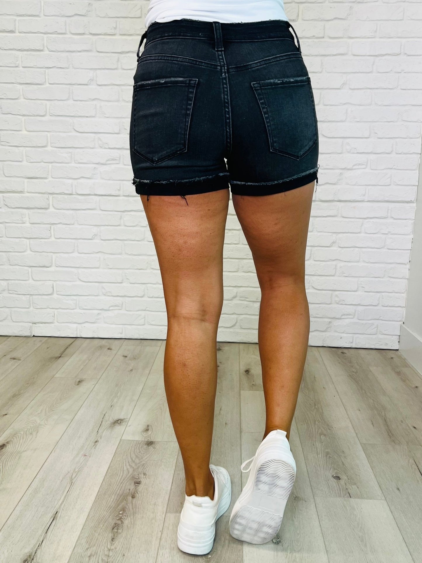 Sunset Stroll Distressed Hem Shorts in Washed Black - Loving God