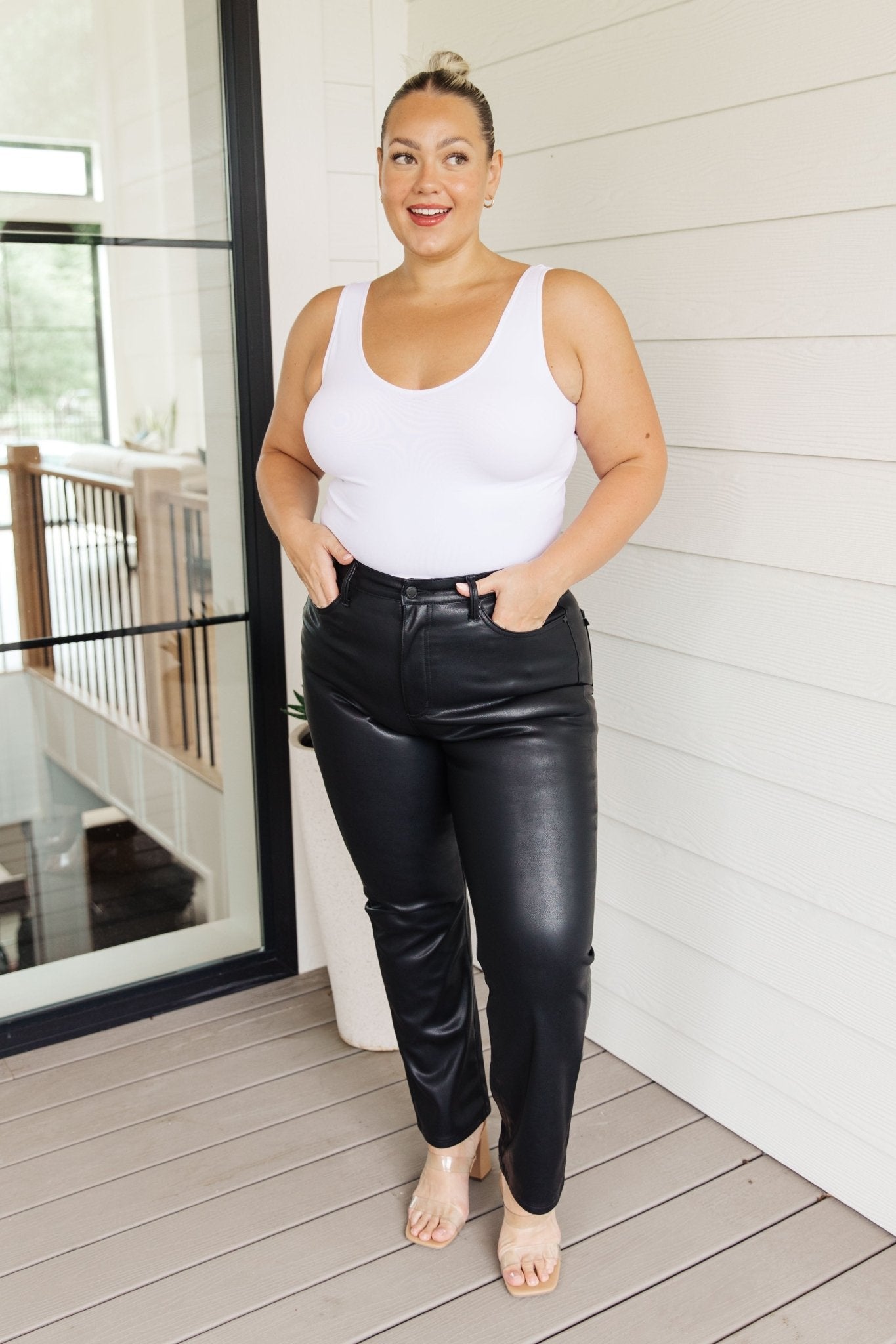 Tanya Control Top Faux Leather Pants in Black - Loving God