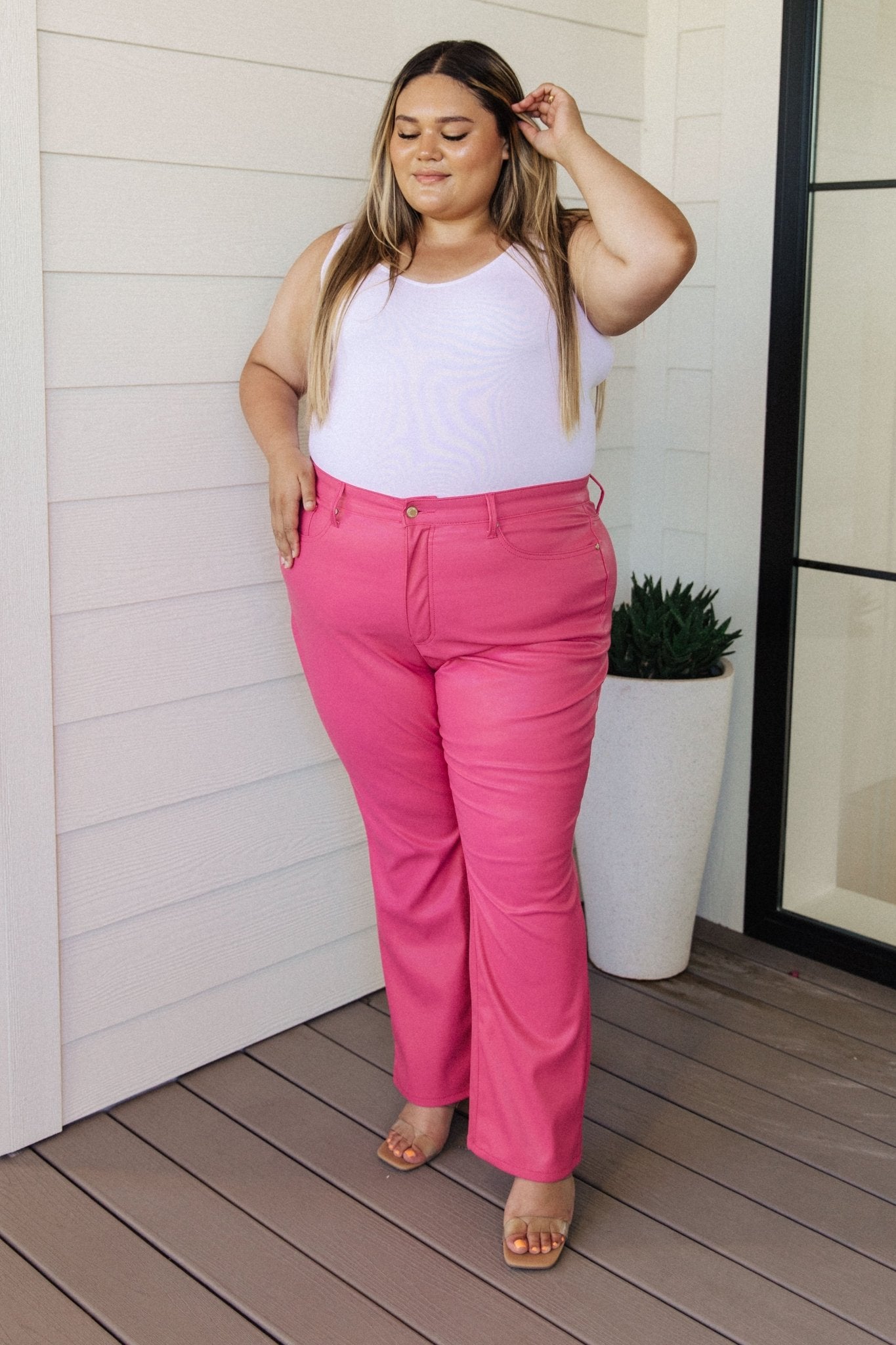 Tanya Control Top Faux Leather Pants in Hot Pink - Loving God