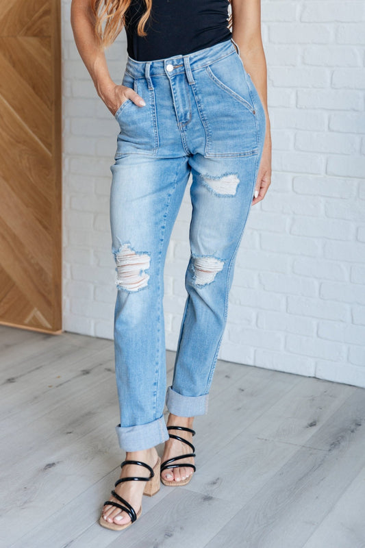 Aiden High Rise Patch Pocket Distressed Boyfriend Jeans - Loving God